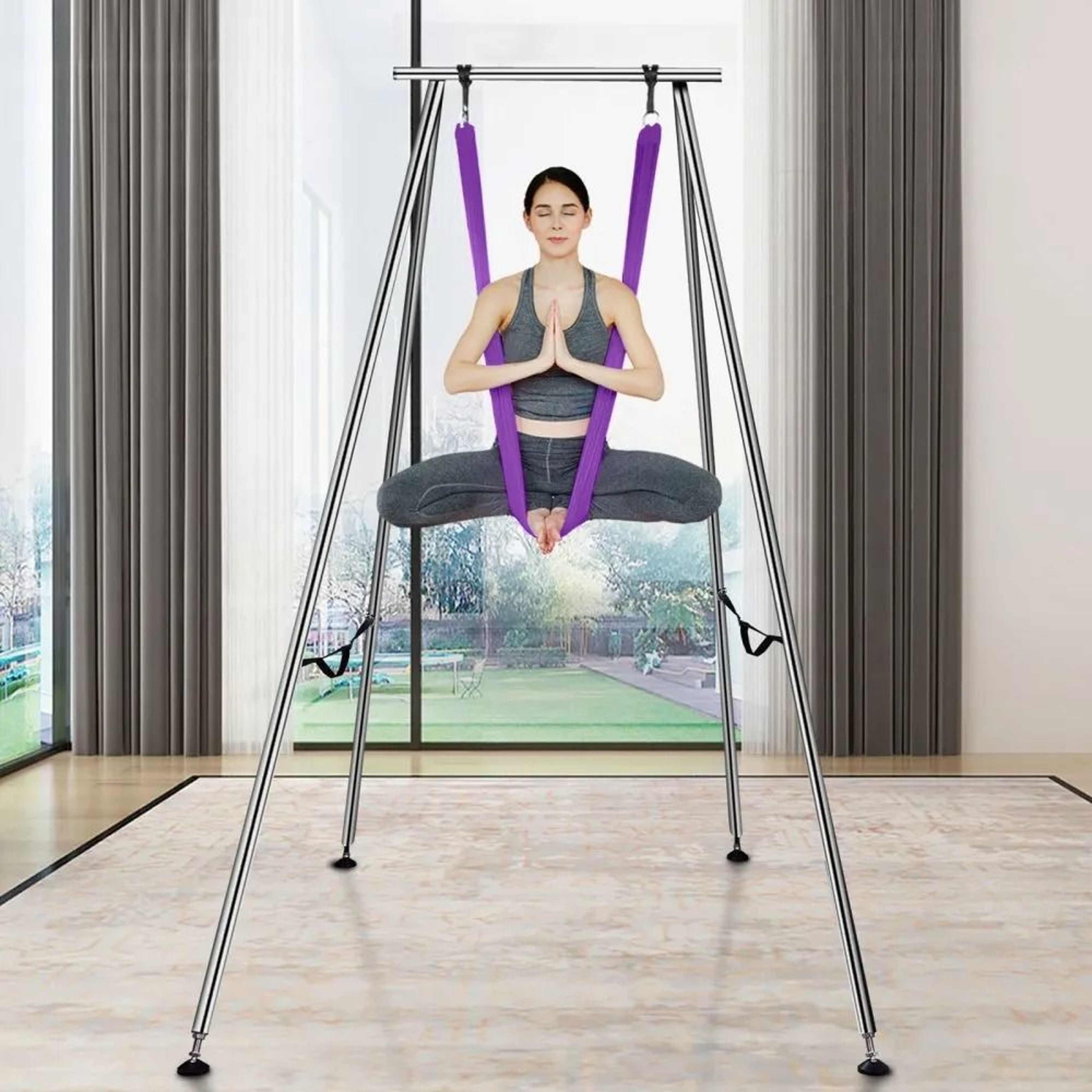 Aerial Yoga Frame With Hammock Heavy Duty Yoga Swing Stand For Indoor Outdoor Fitness 5