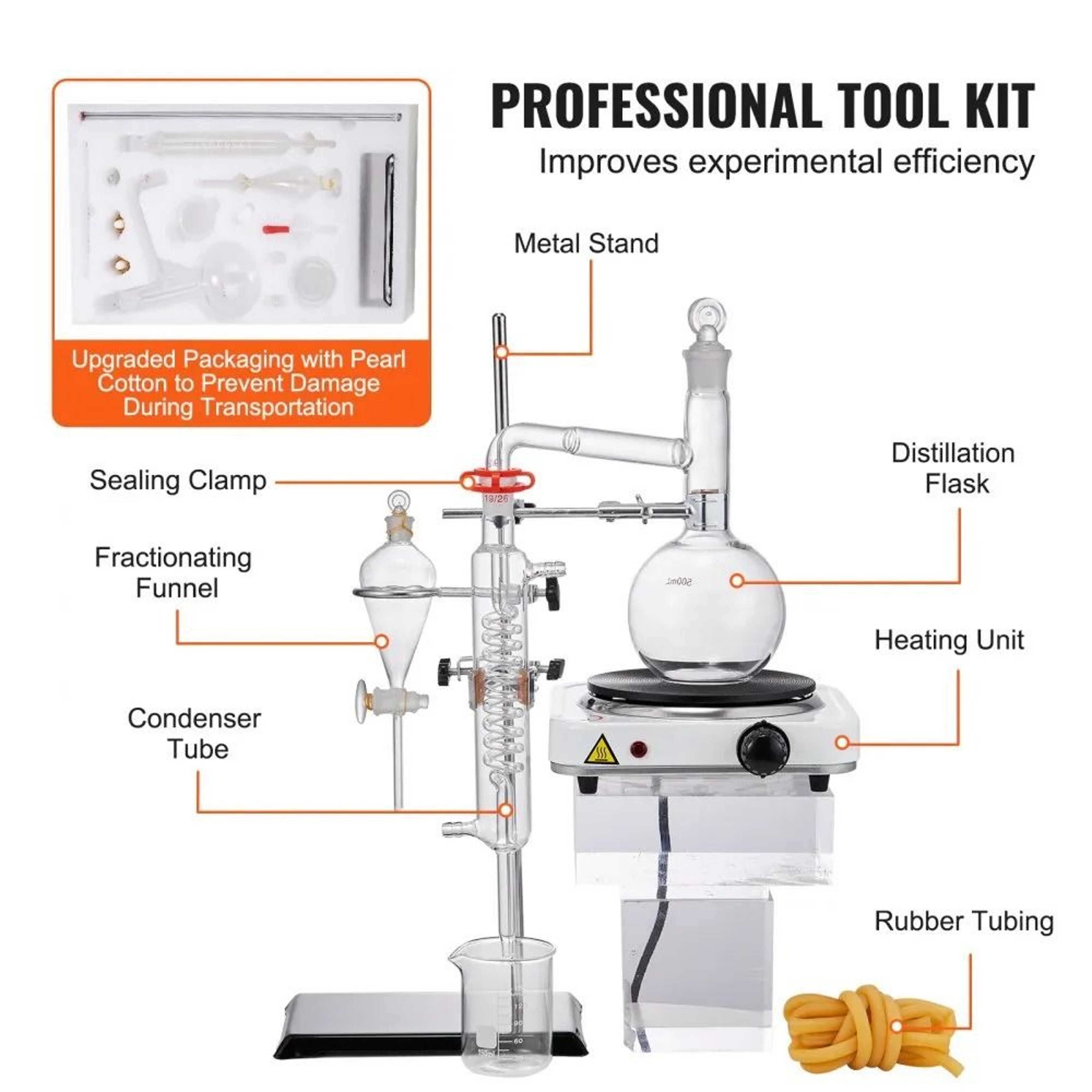 500ml Lab Distillation Kit With Borosilicate Glassware And 1000W Heating Plate 6