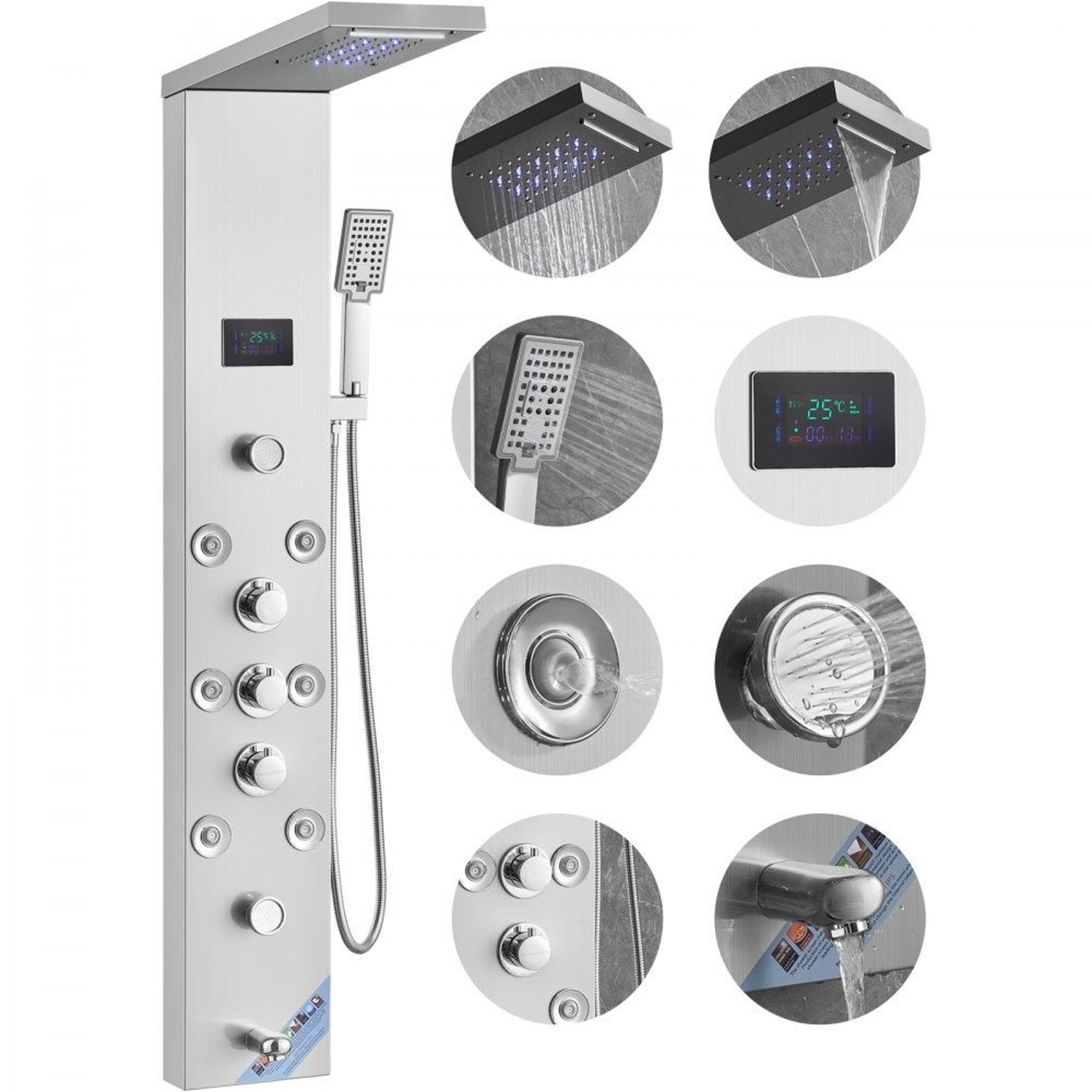 Hydroelectric LED Shower Panel System With Rainfall Waterfall And Massage Jets 0