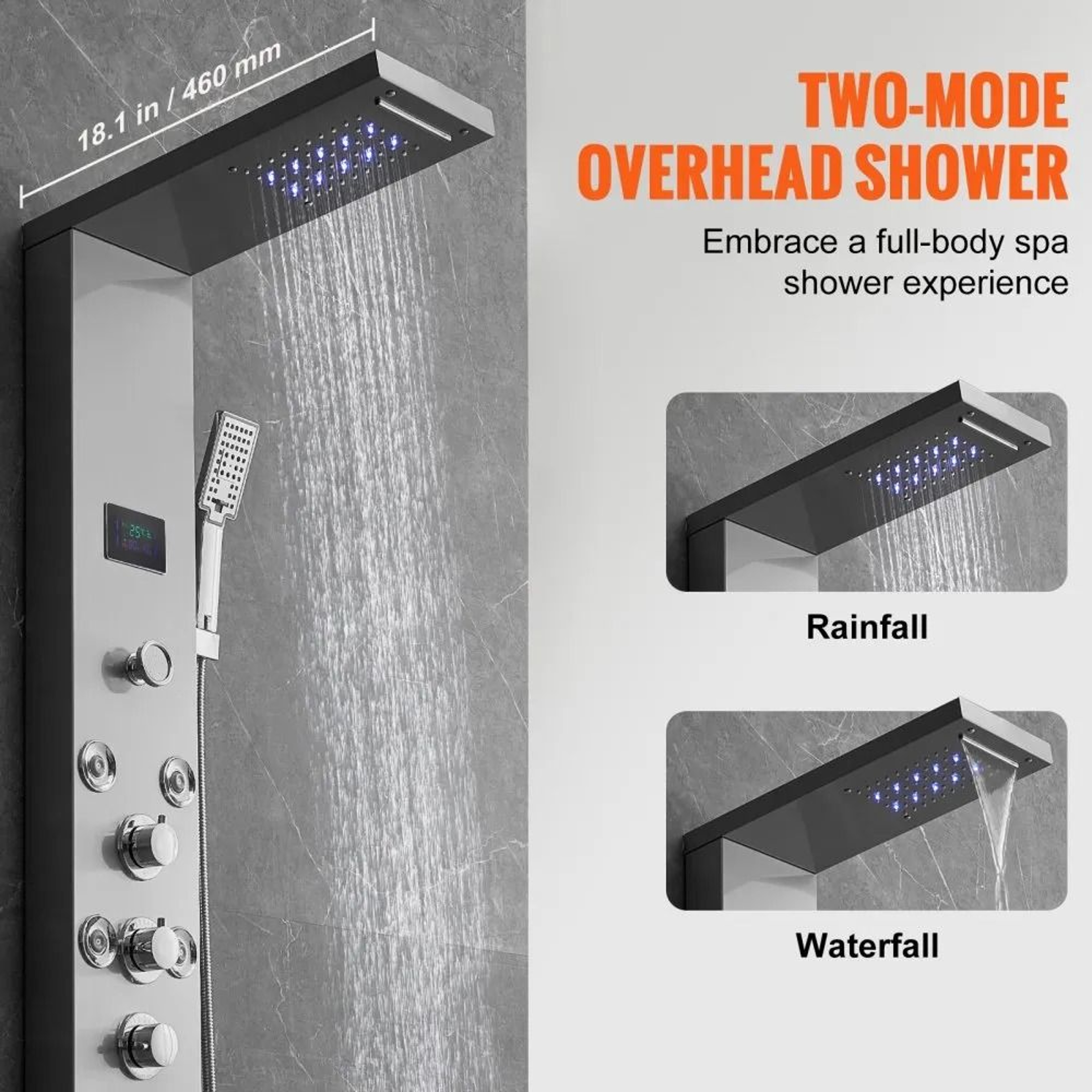 Hydroelectric LED Shower Panel System With Rainfall Waterfall And Massage Jets 5