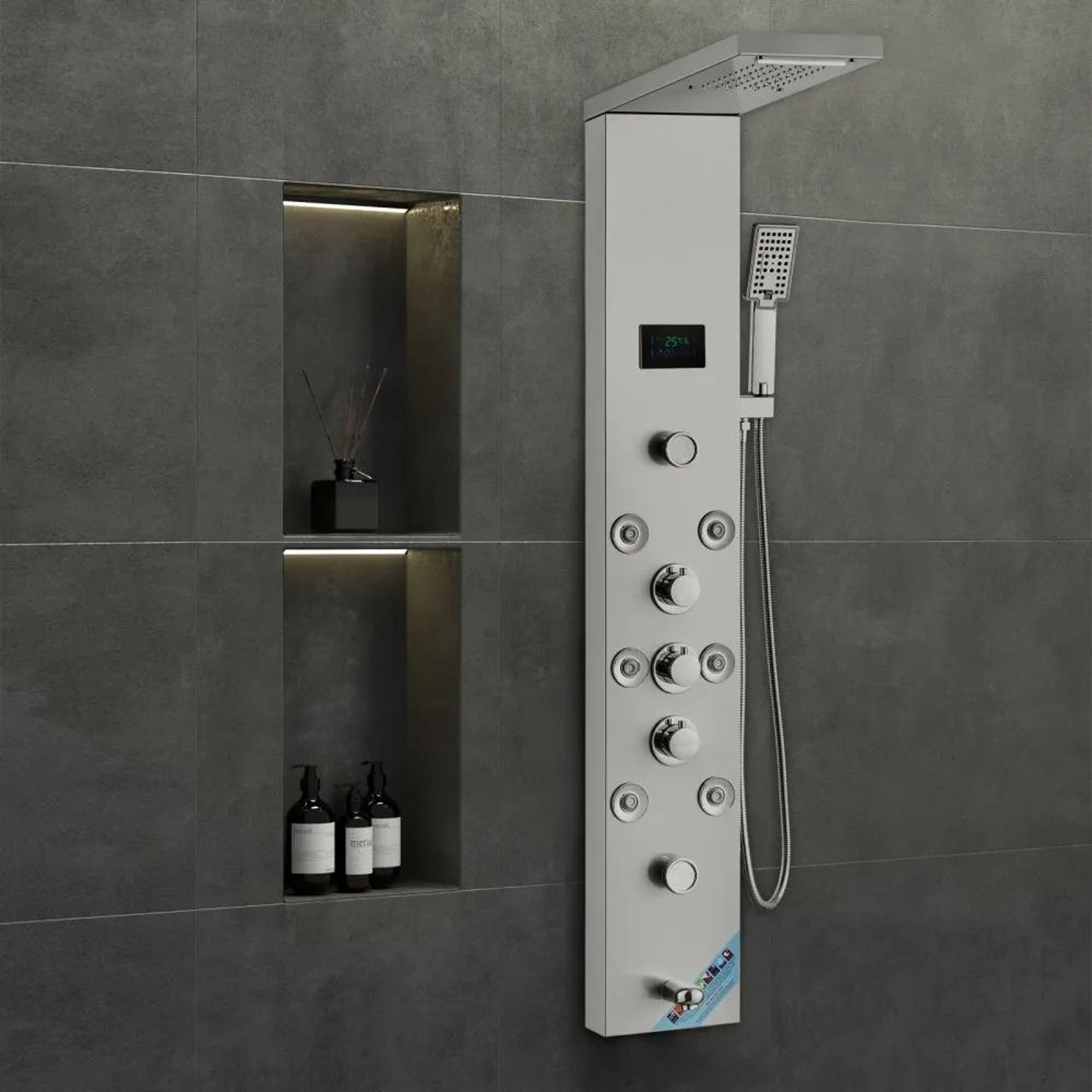 Hydroelectric LED Shower Panel System With Rainfall Waterfall And Massage Jets 6