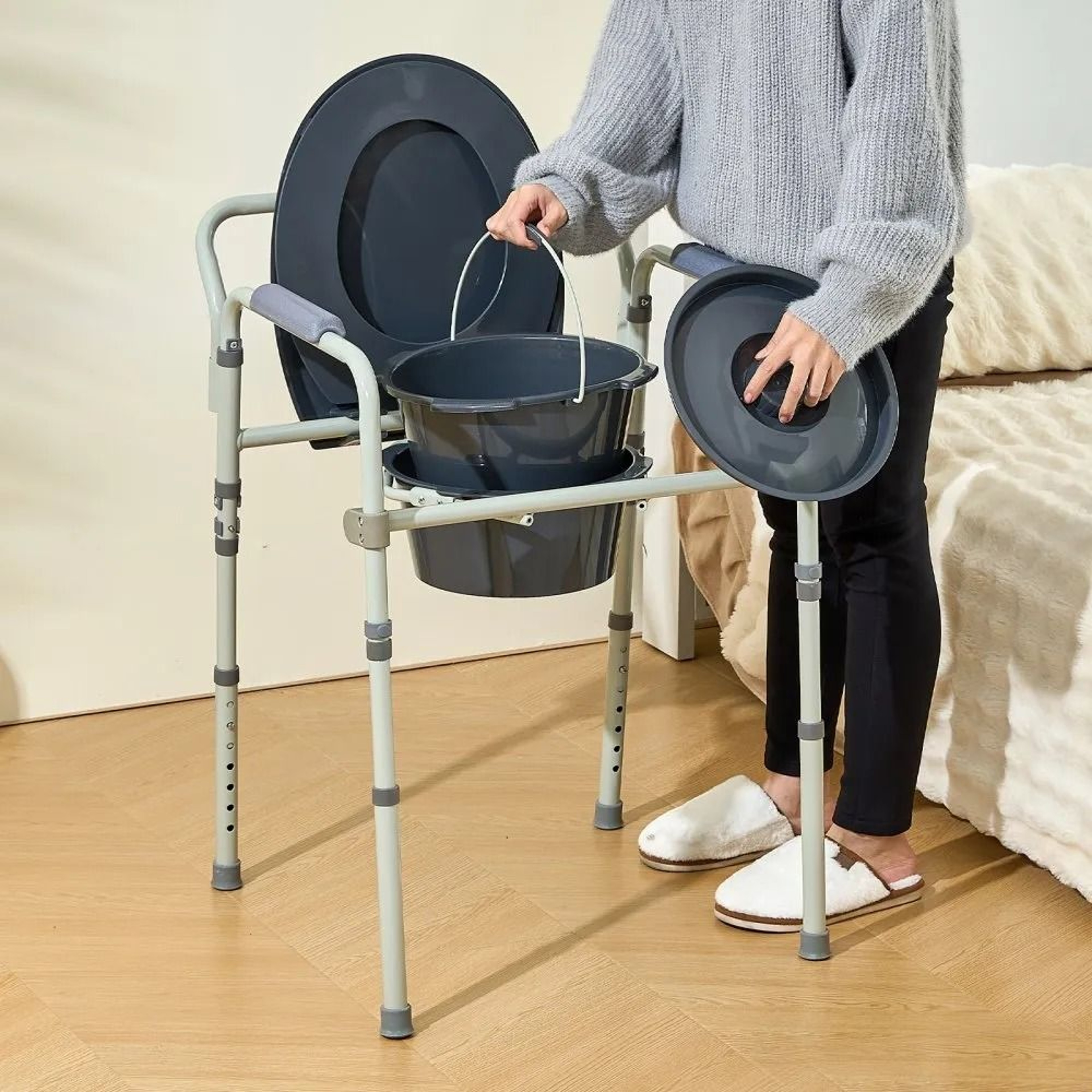 Adjustable Bedside Commode Chair With Wide Raised Toilet Seat And Removable Bucket 6