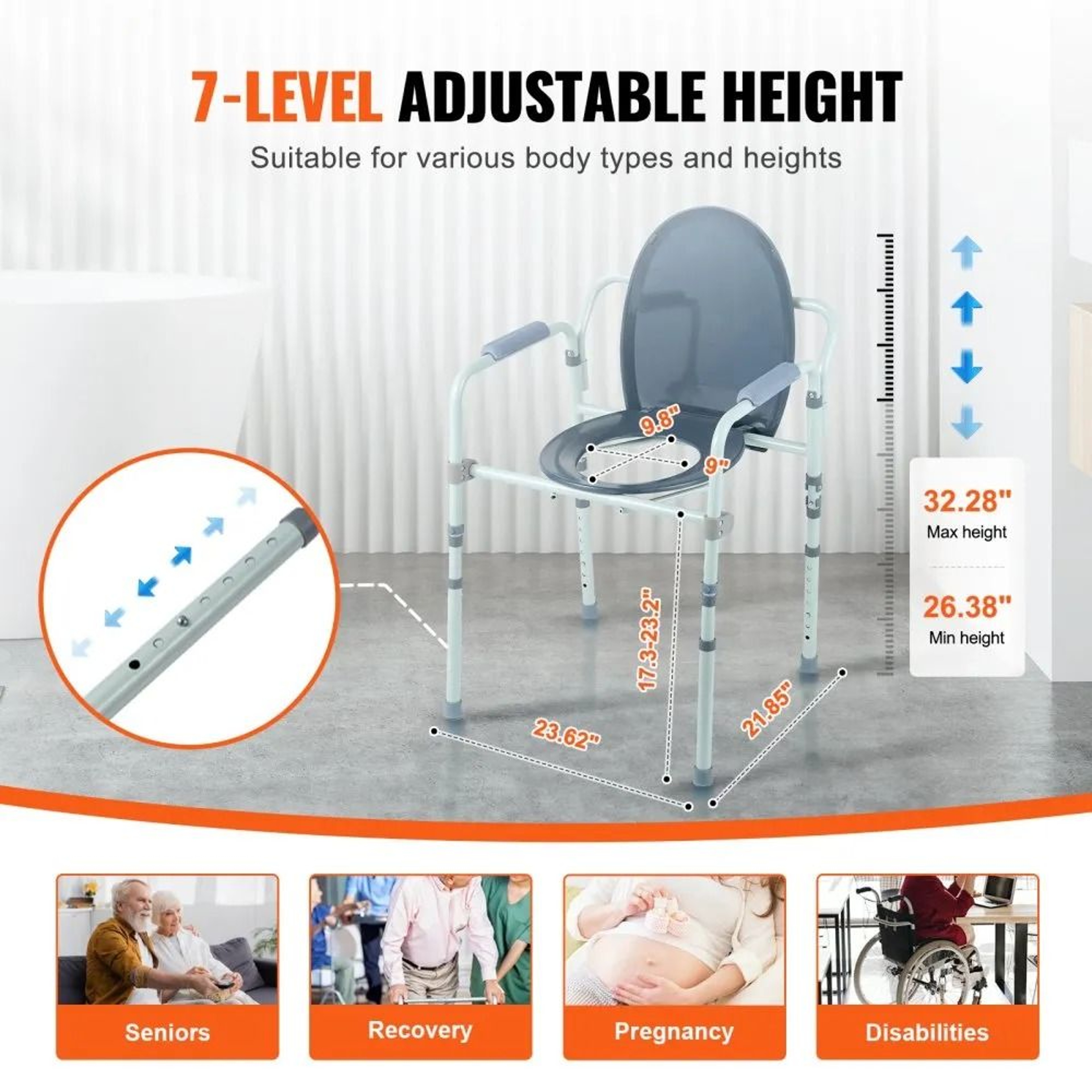 Adjustable Bedside Commode Chair With Wide Raised Toilet Seat And Removable Bucket 4