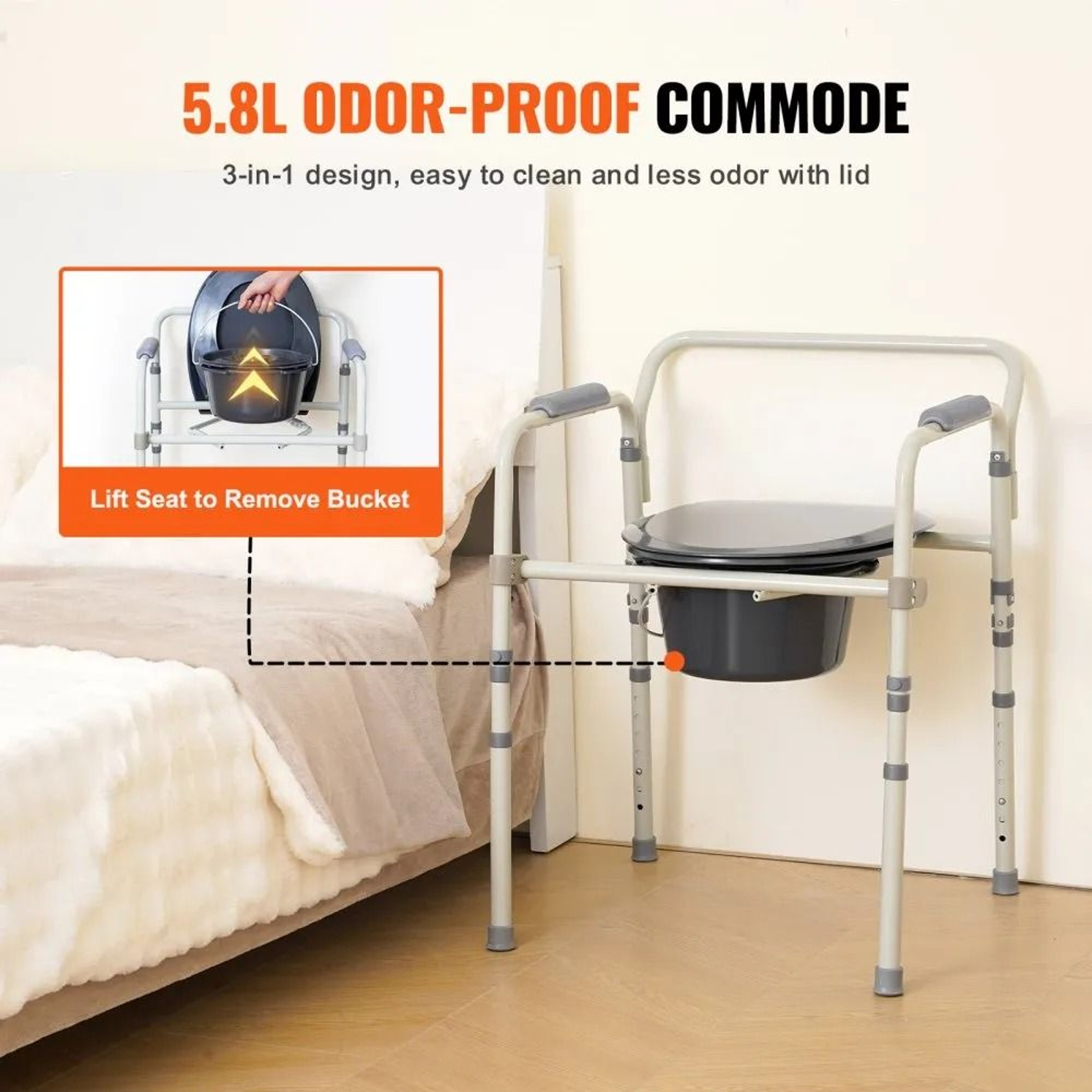 Adjustable Bedside Commode Chair With Wide Raised Toilet Seat And Removable Bucket 2