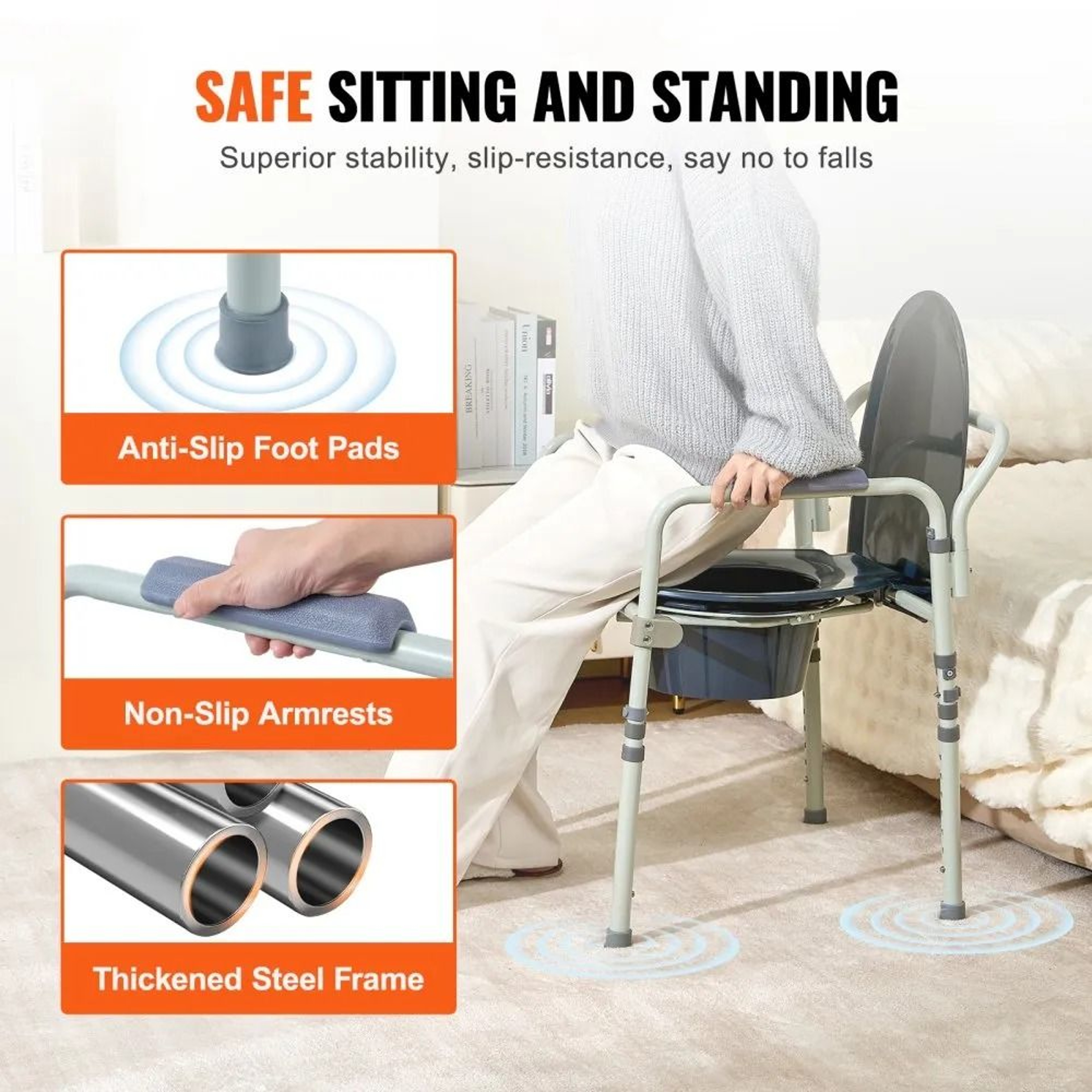 Adjustable Bedside Commode Chair With Wide Raised Toilet Seat And Removable Bucket 5