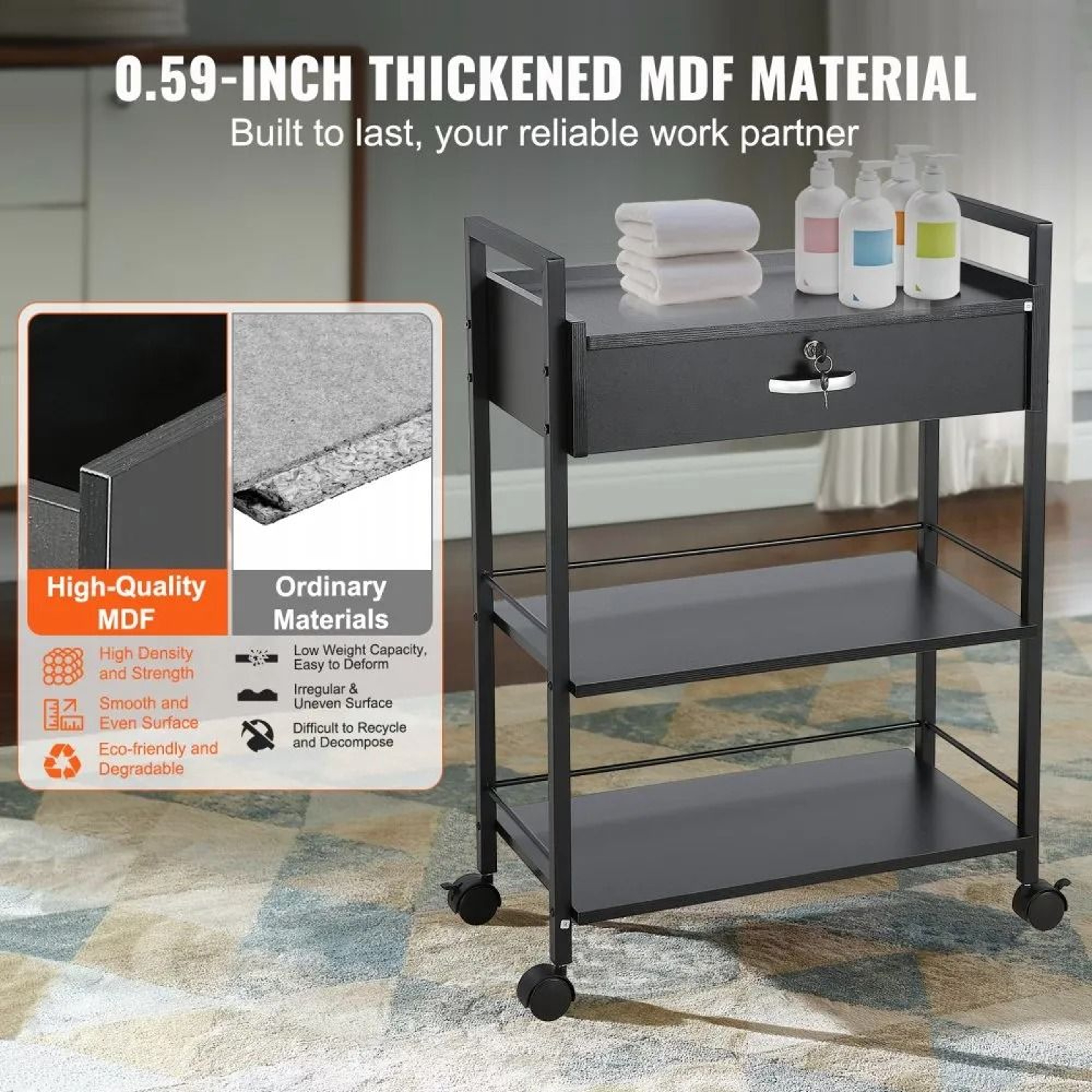 3 Tier Beauty Salon Trolley Cart With Lockable Drawer And Rolling Storage Station 3