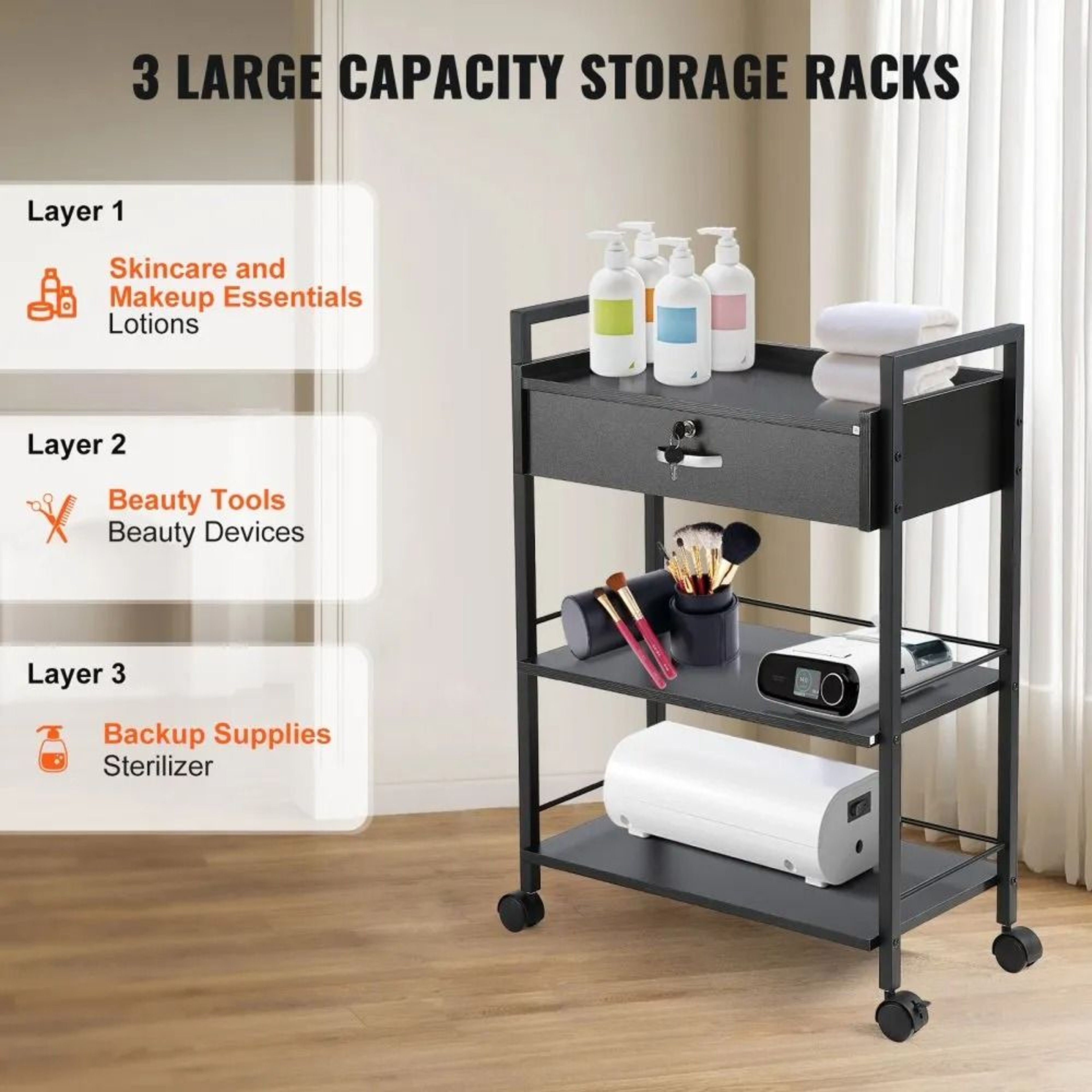 3 Tier Beauty Salon Trolley Cart With Lockable Drawer And Rolling Storage Station 4