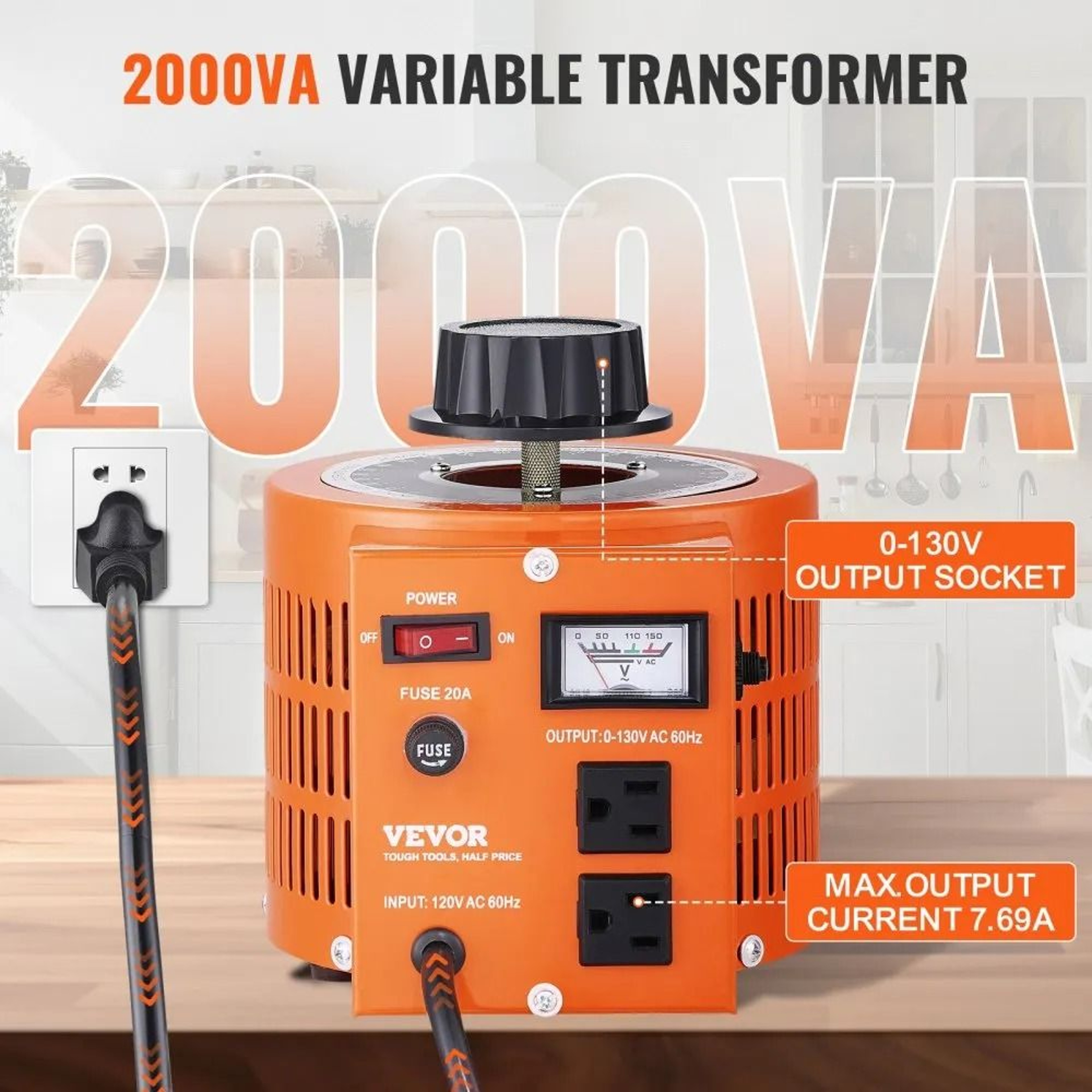 2000VA Variable Voltage Transformer Adjustable AC Voltage Regulator Power Supply 1