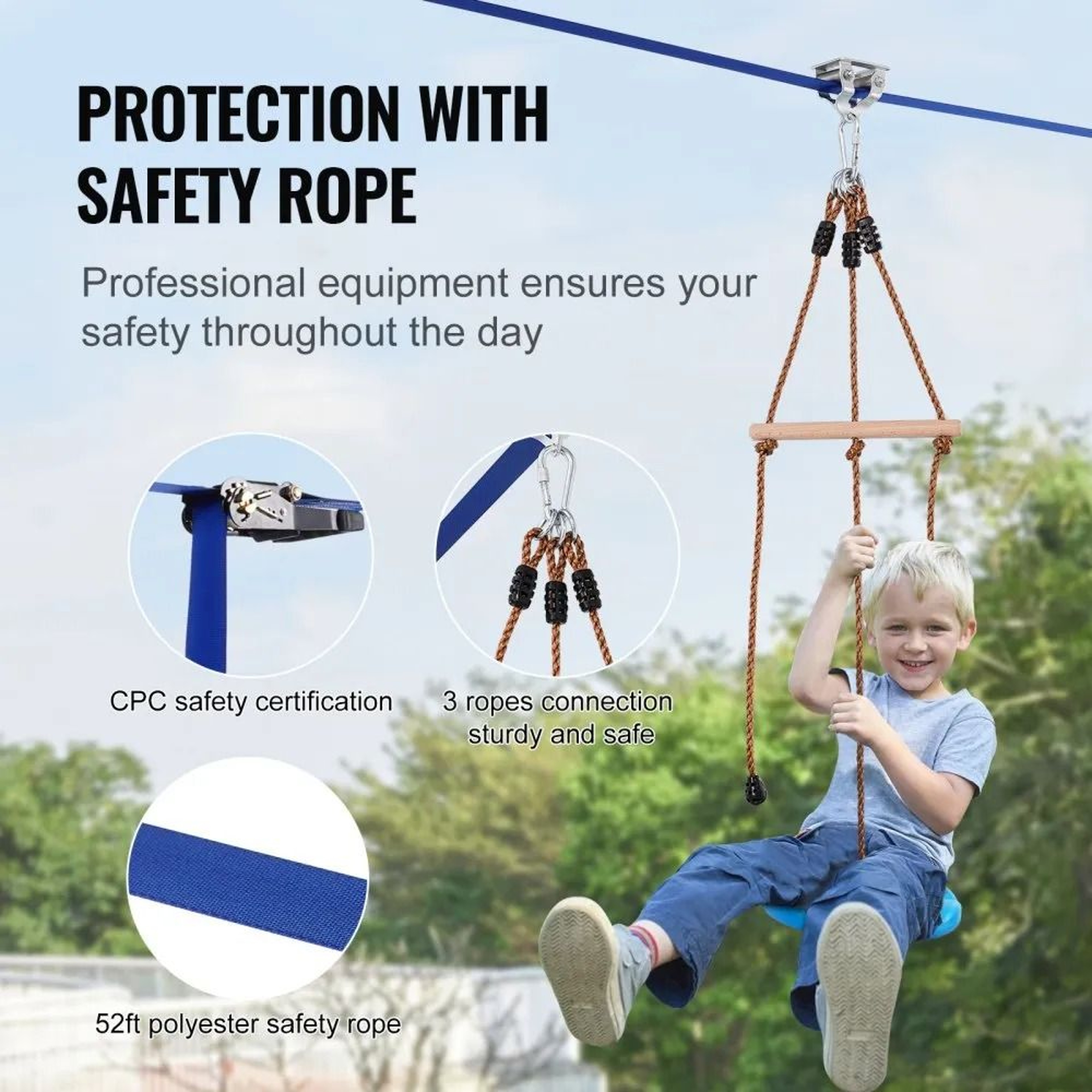 52 Ft Backyard Zipline Kit With Safety Harness Swing Seat And Handlebar 4