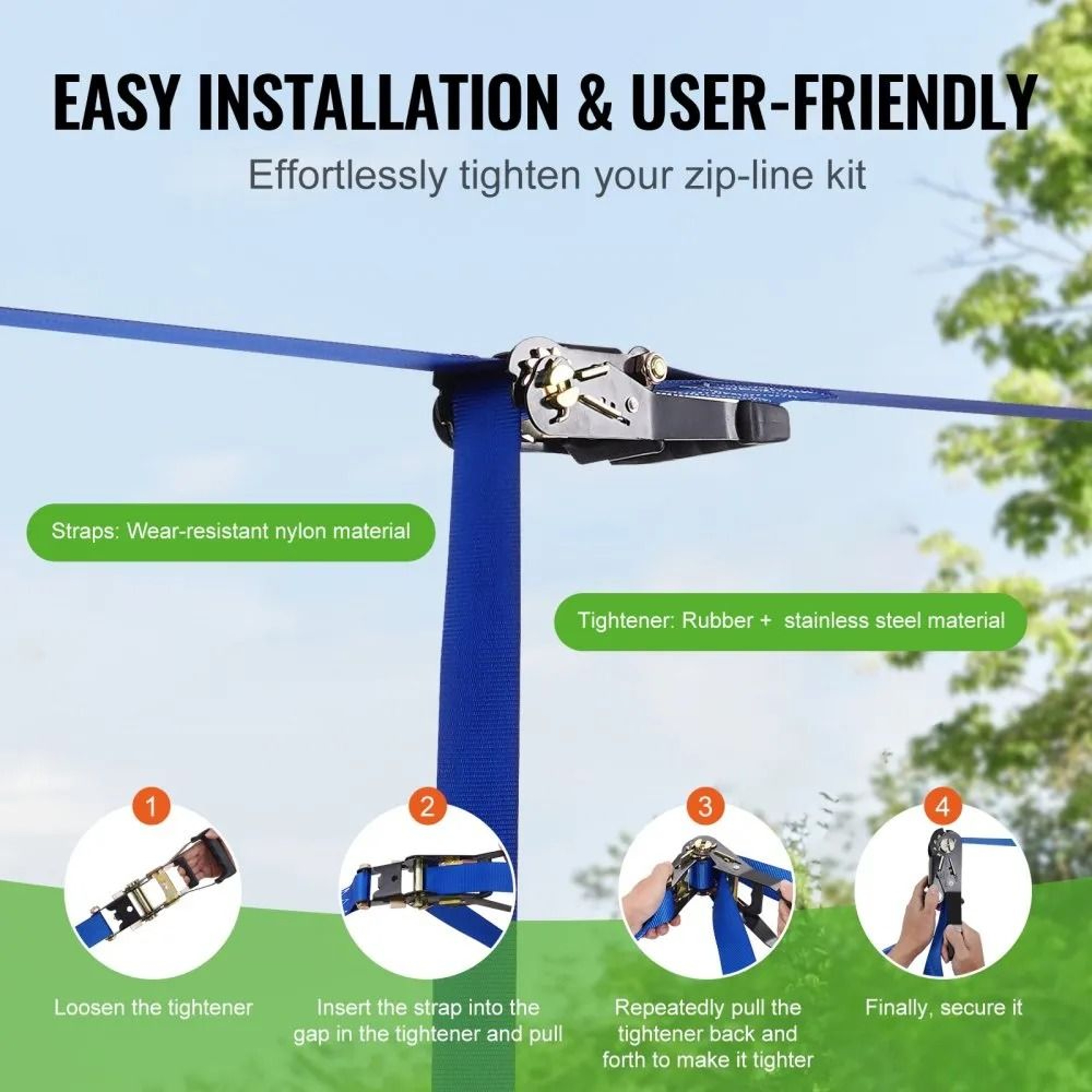 52 Ft Backyard Zipline Kit With Safety Harness Swing Seat And Handlebar 3