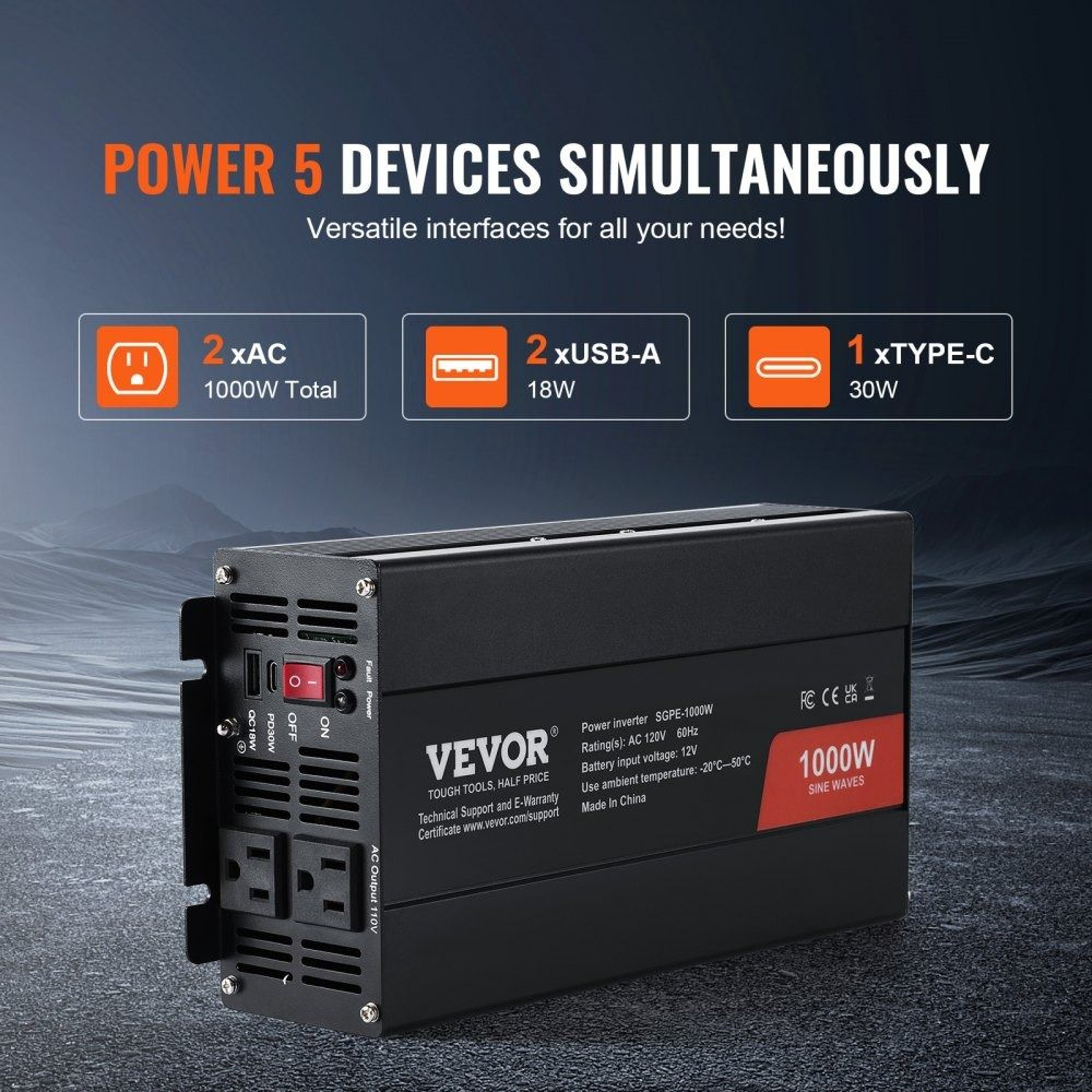 1000W Pure Sine Wave Power Inverter 12V To 120V With USB Type C And Remote Control 4