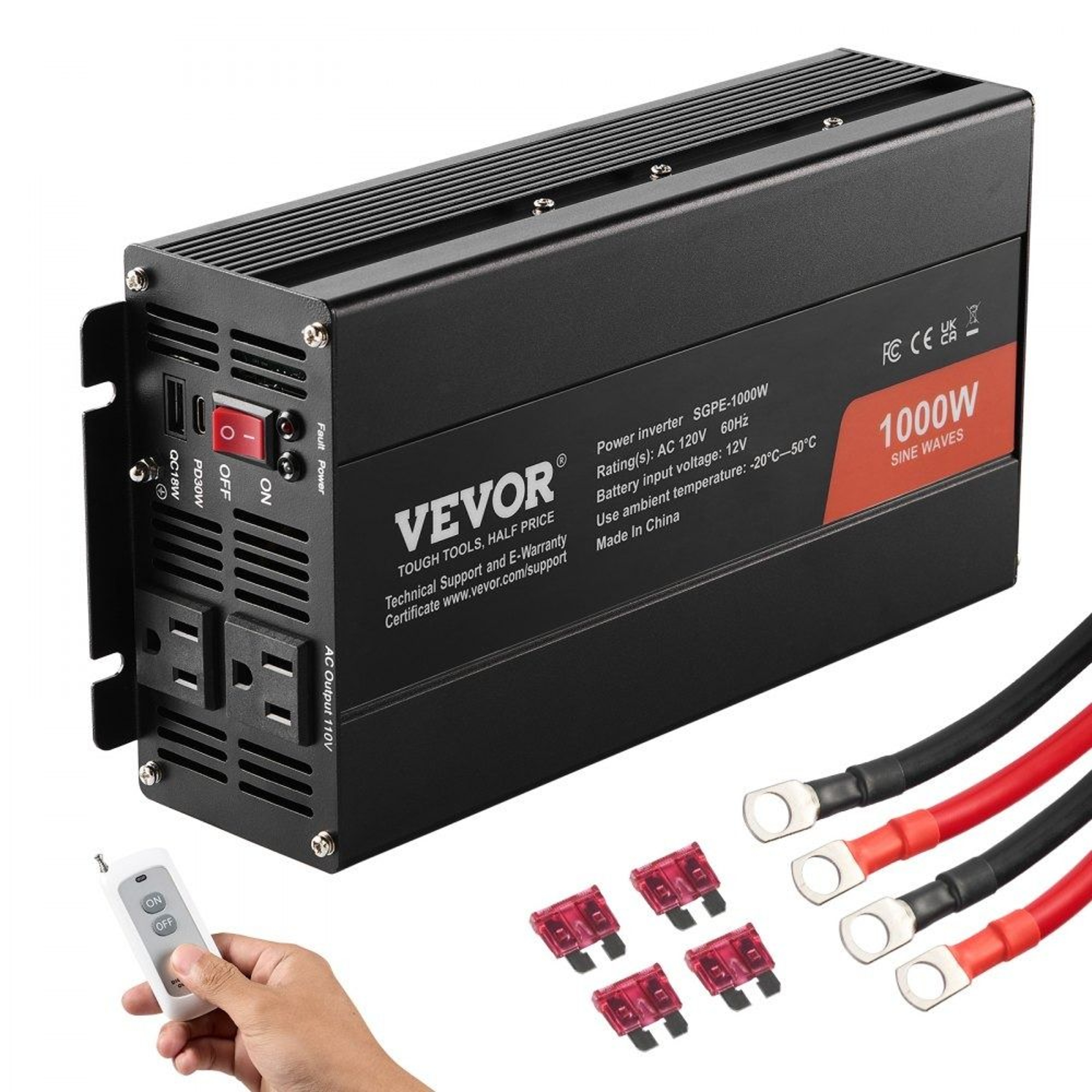 1000W Pure Sine Wave Power Inverter 12V To 120V With USB Type C And Remote Control 0