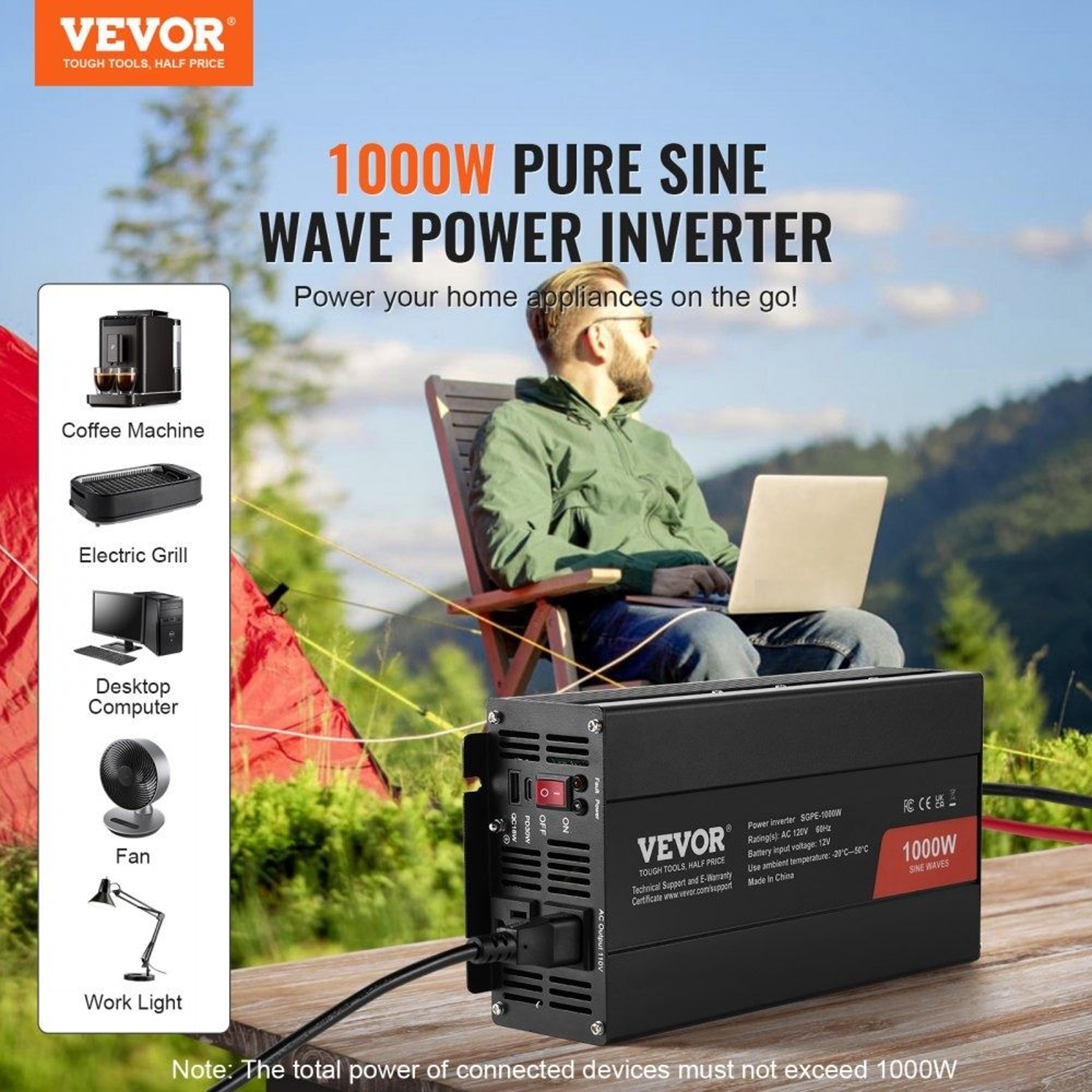1000W Pure Sine Wave Power Inverter 12V To 120V With USB Type C And Remote Control 1