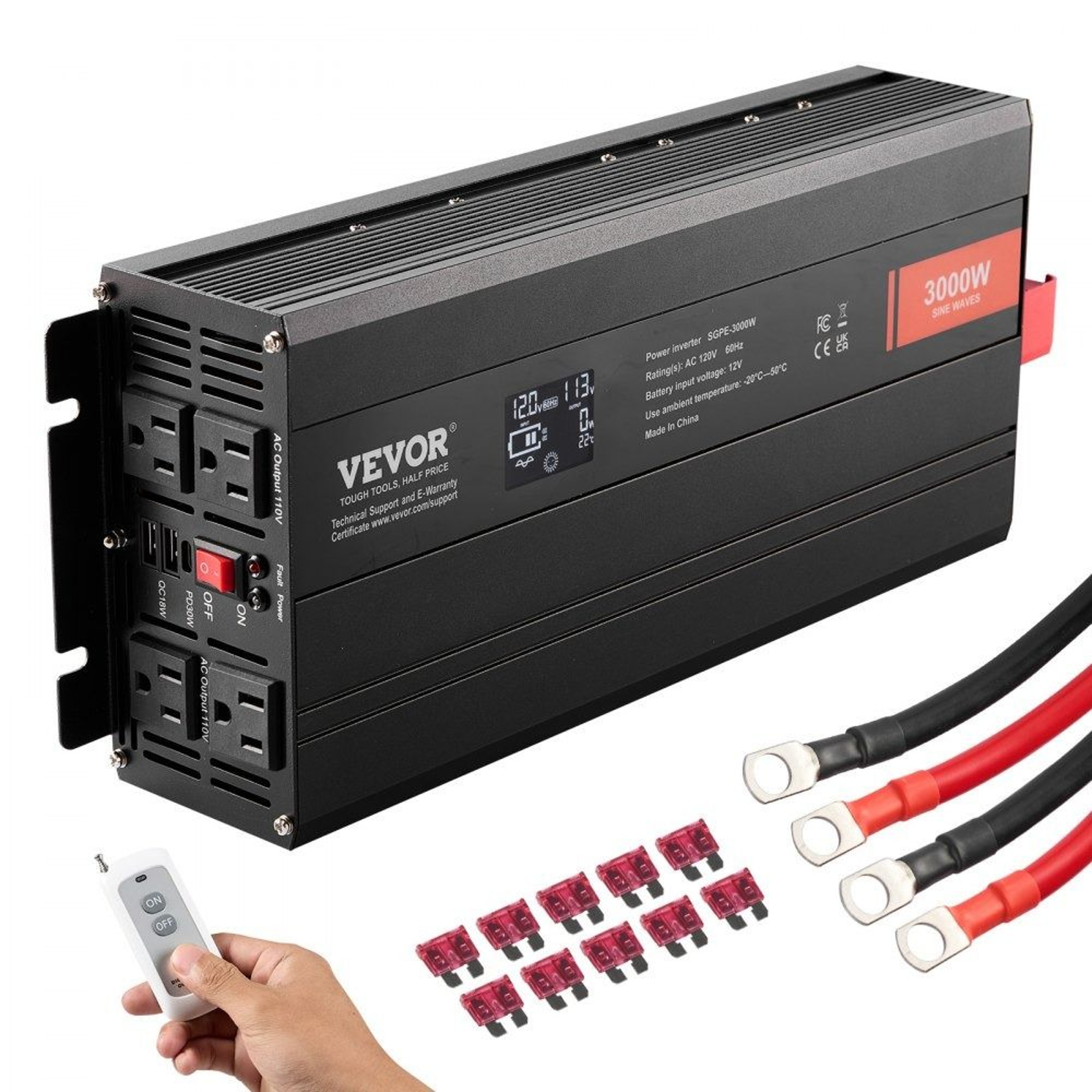 3000W Pure Sine Wave Power Inverter 12V To 120V With LCD Remote Control And USB Charging 0