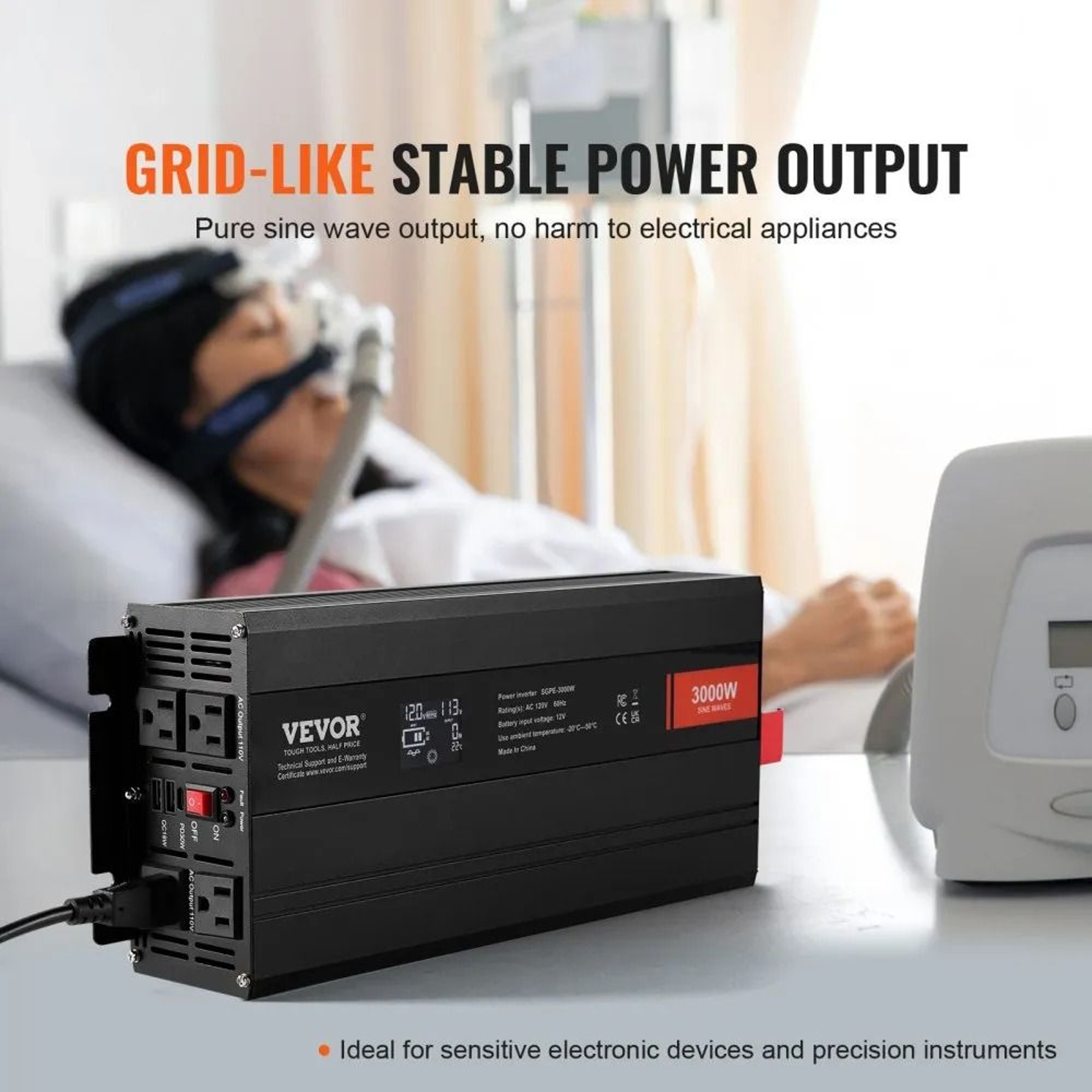 3000W Pure Sine Wave Power Inverter 12V To 120V With LCD Remote Control And USB Charging 5