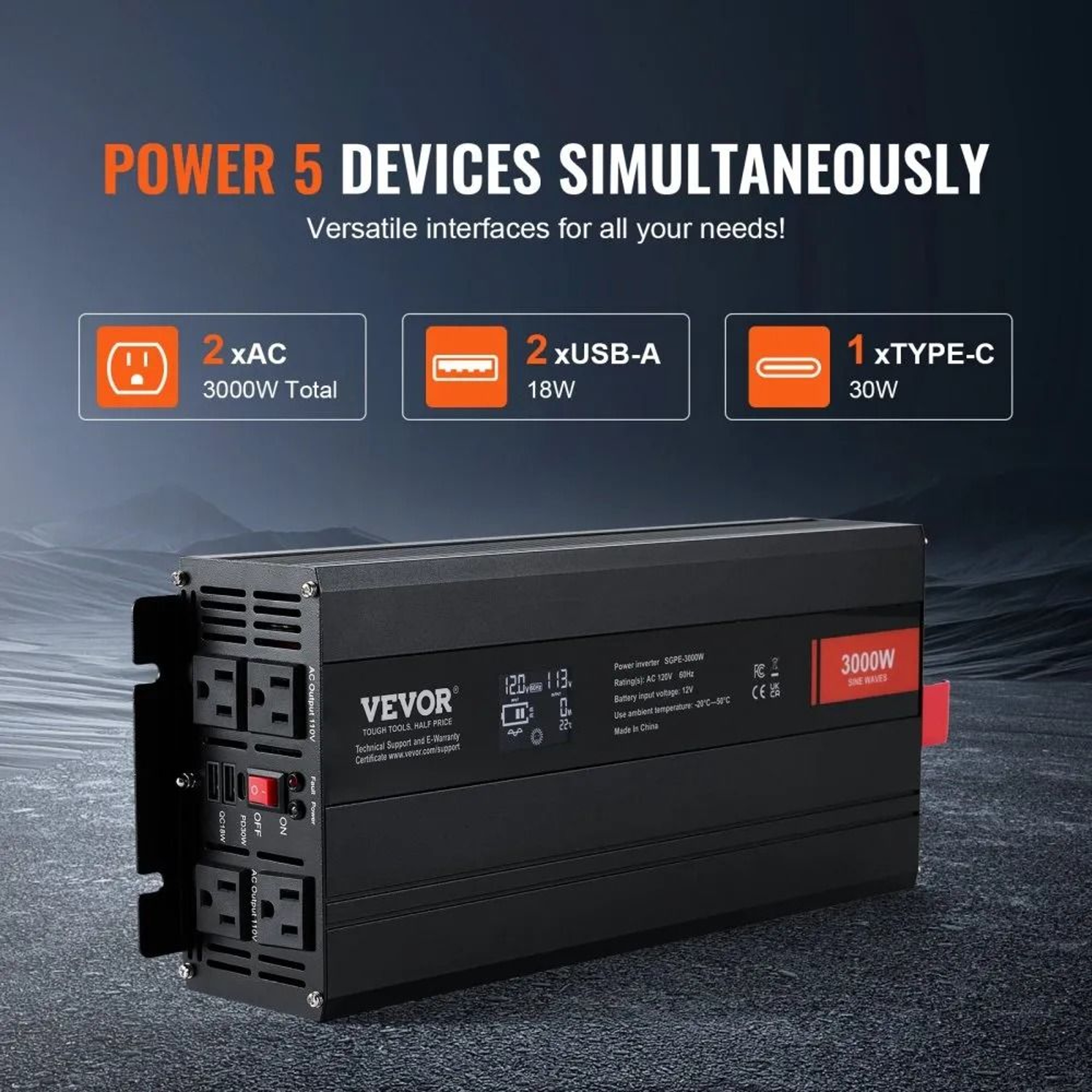 3000W Pure Sine Wave Power Inverter 12V To 120V With LCD Remote Control And USB Charging 4