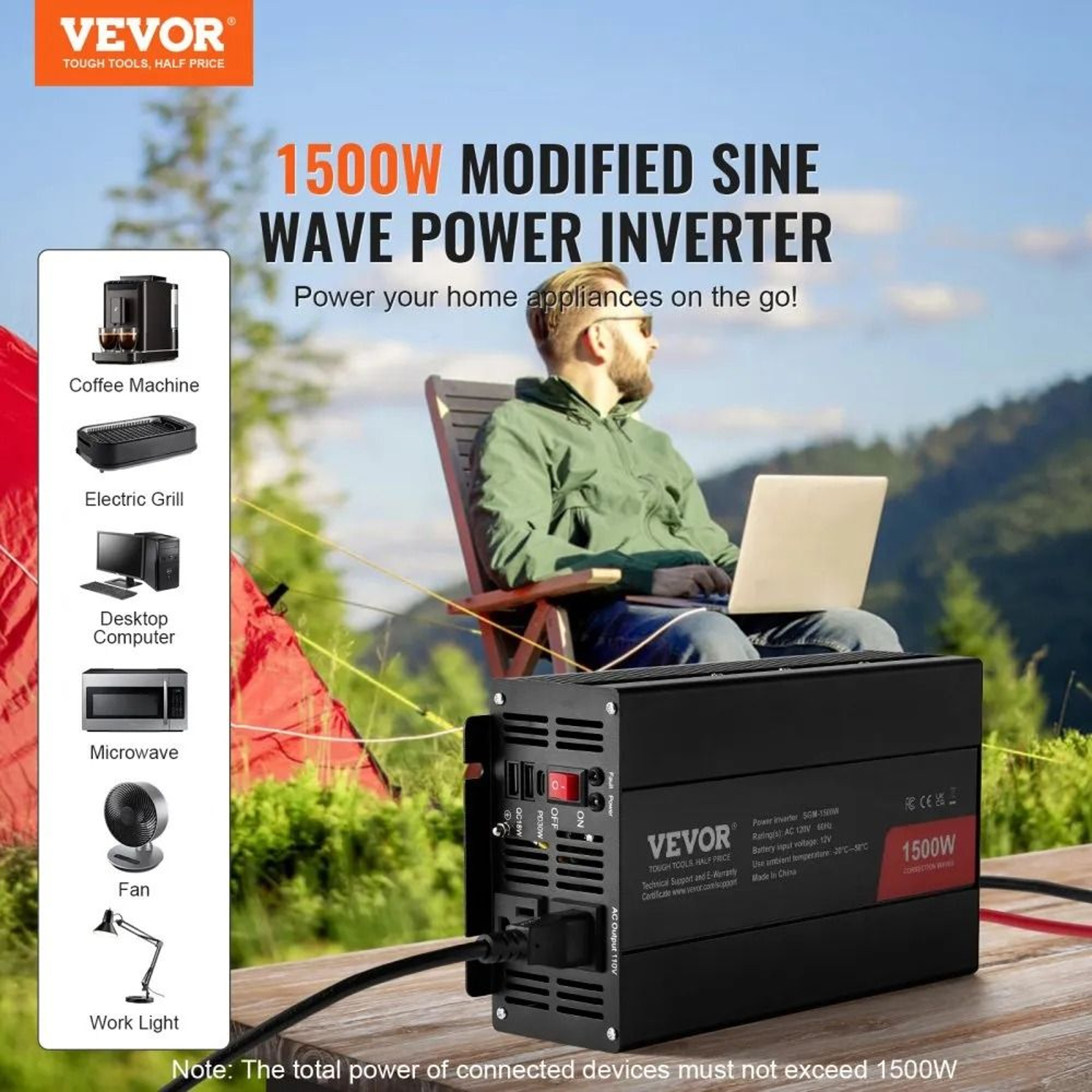 1500W Modified Sine Wave Power Inverter 12V DC To 120V AC With USB C Charging 1
