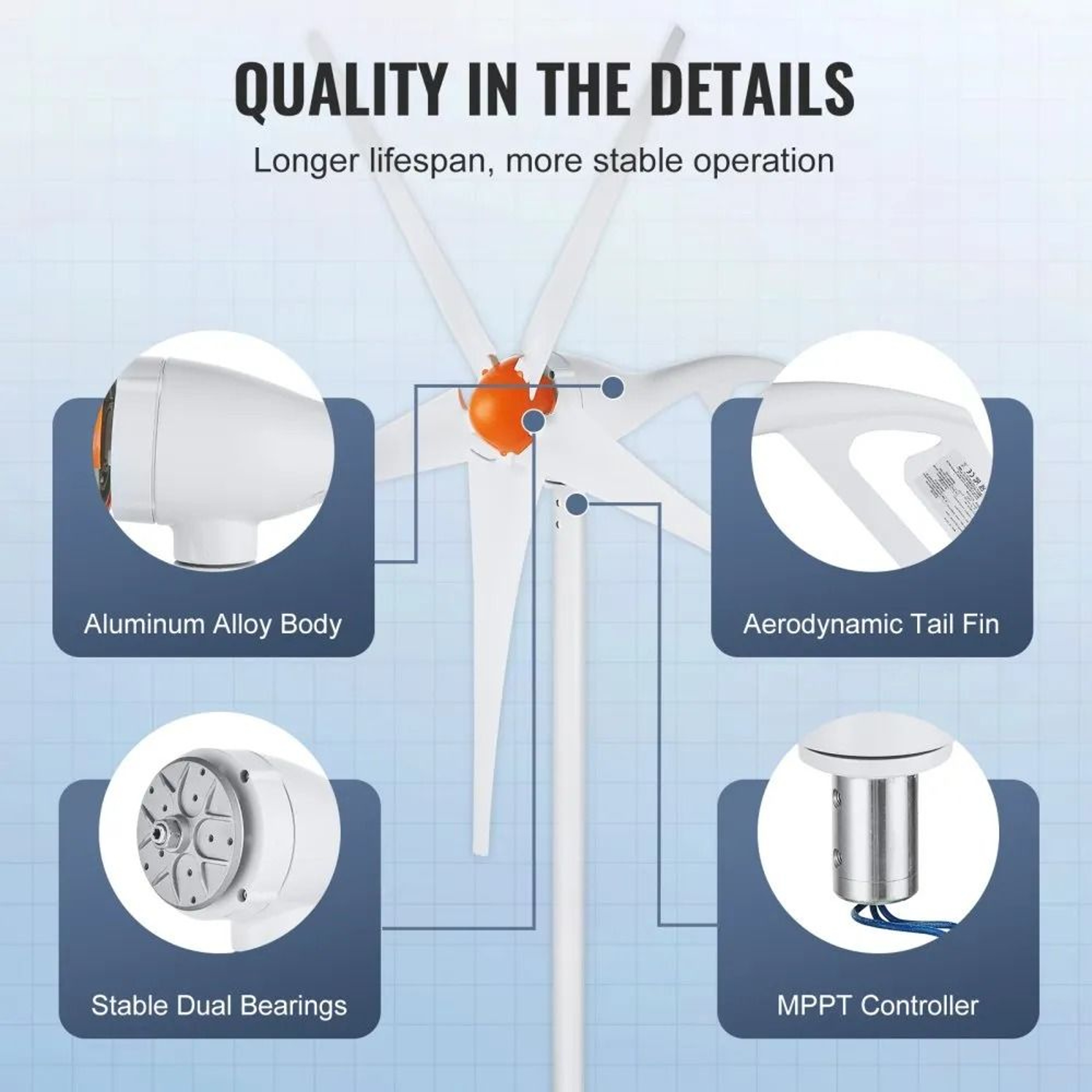 500W Wind Turbine Generator 12V 5 Blade Wind Power Kit With MPPT Controller 3