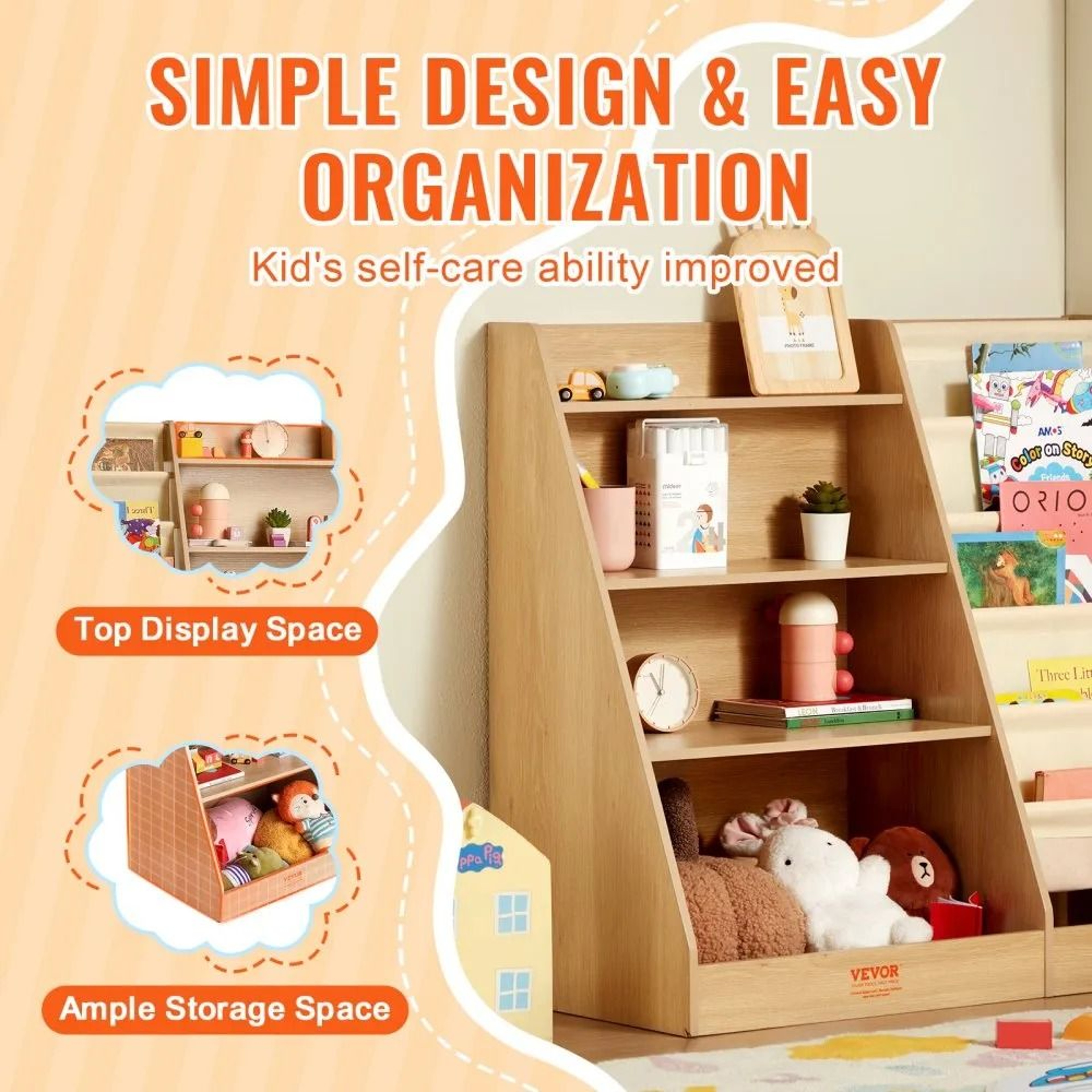 Kids Wooden Bookshelf With Sling Bookcase And Toy Storage Organizer 2