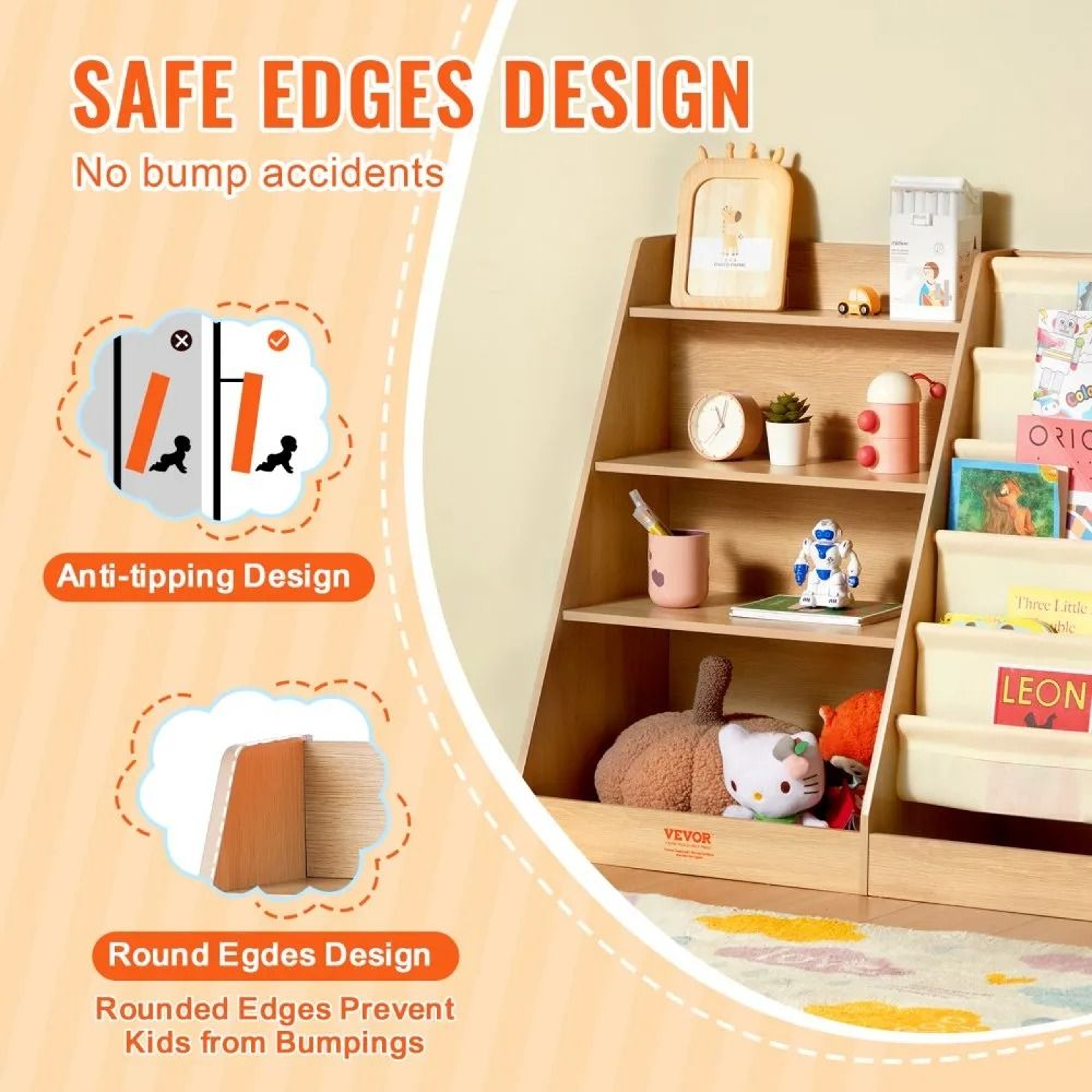 Kids Wooden Bookshelf With Sling Bookcase And Toy Storage Organizer 4