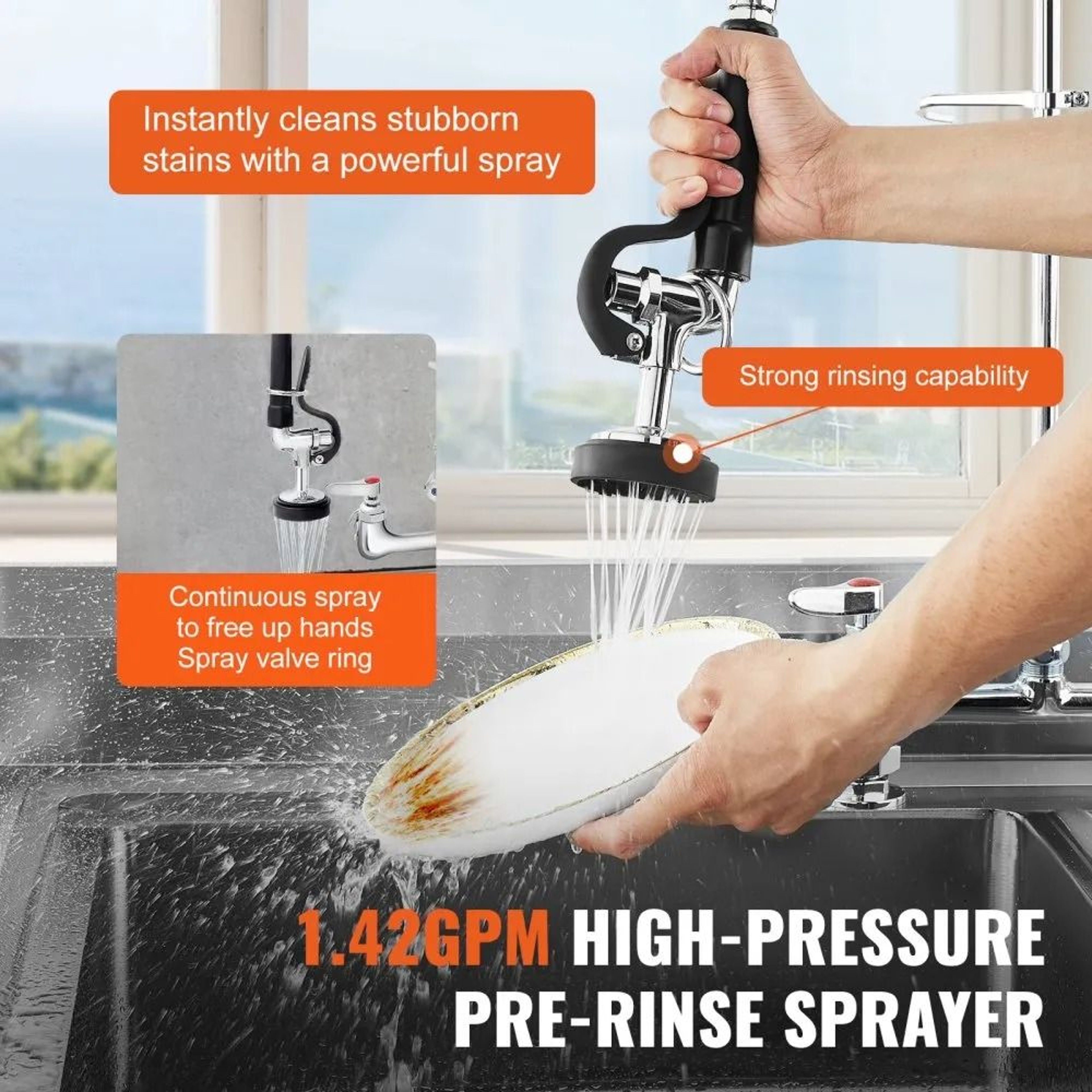Commercial Kitchen Pre Rinse Faucet With High Pressure Sprayer And 12 Inch Swivel Spout 4