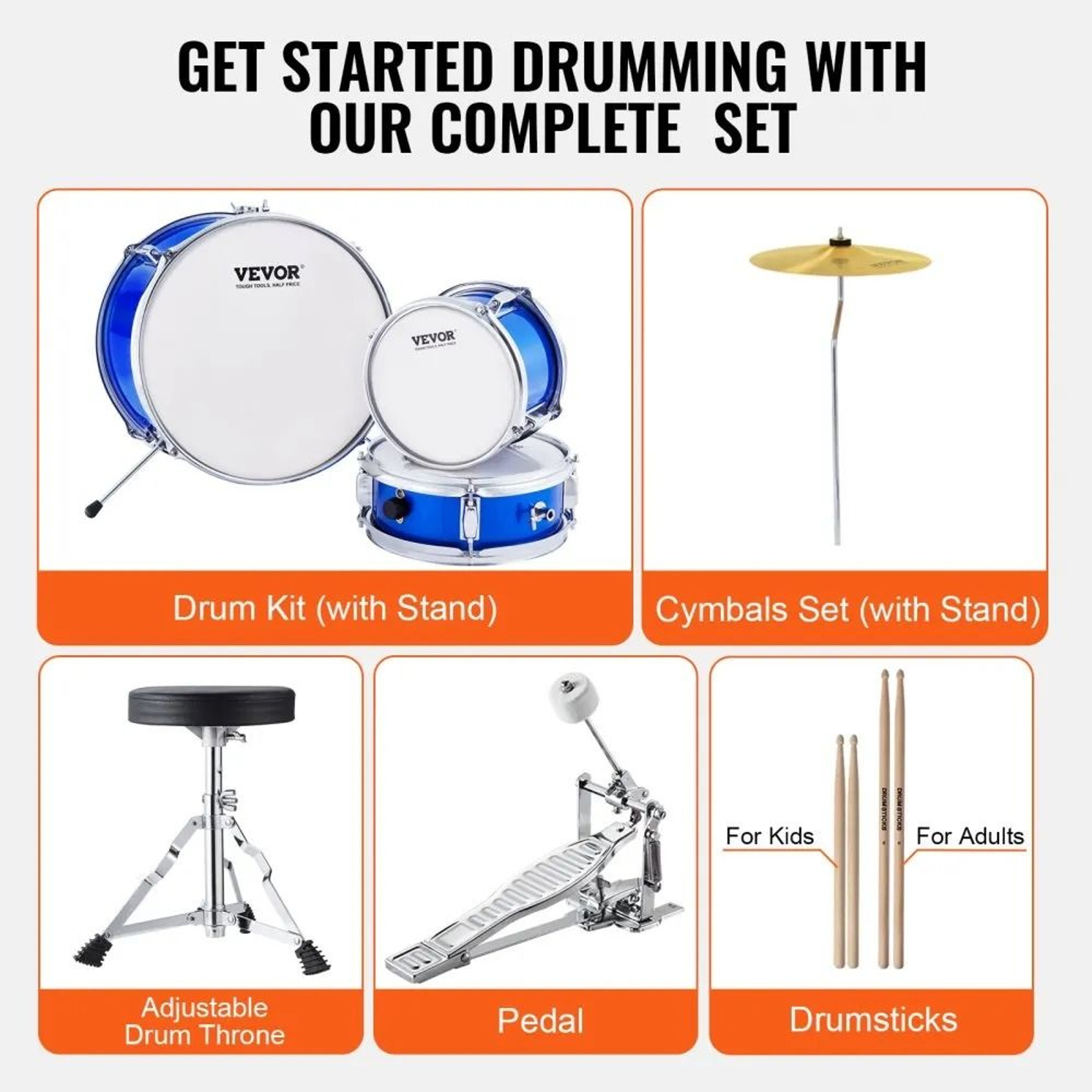 Kids Drum Set 3 Piece Beginner Drum Kit With Adjustable Throne Cymbal And Drumsticks 2