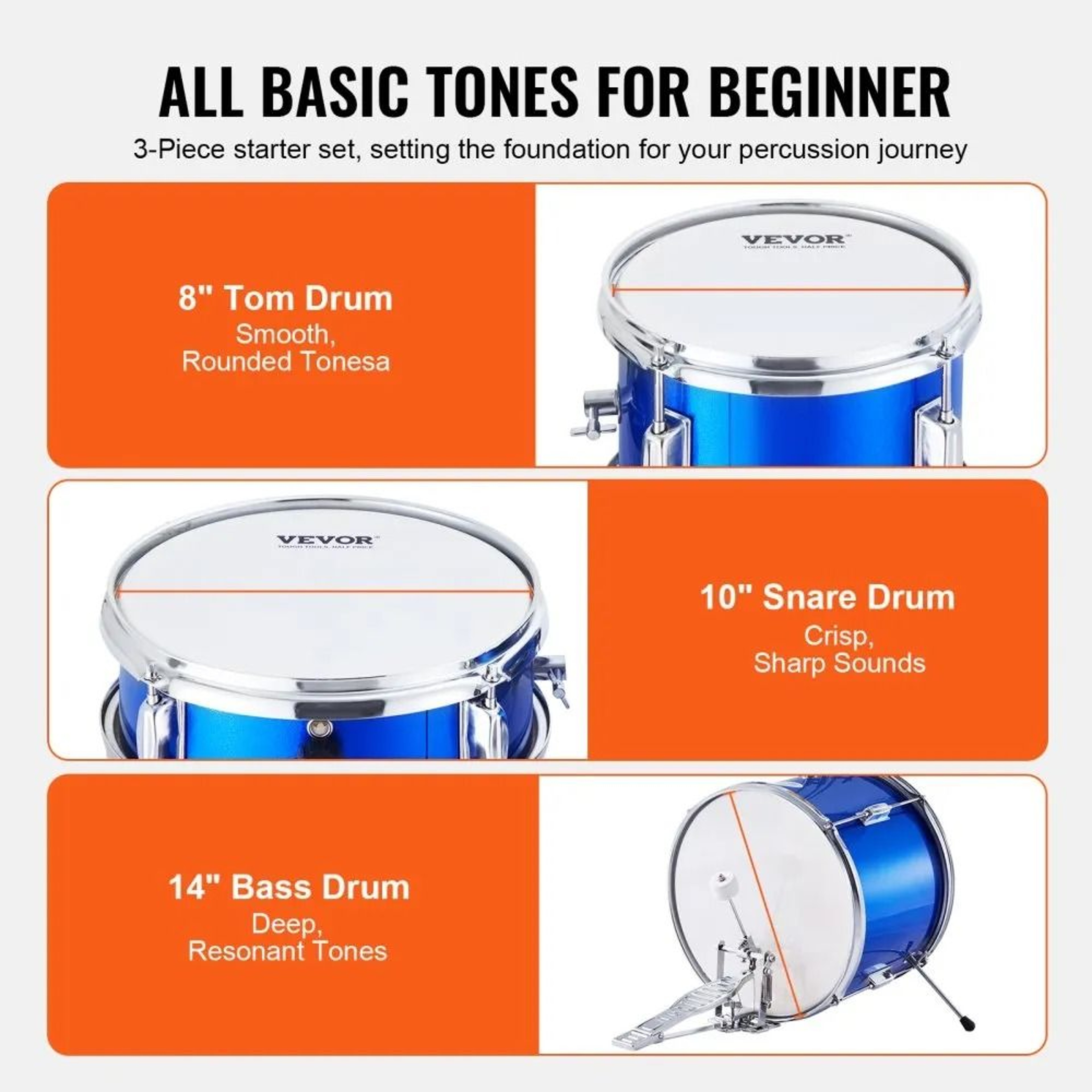 Kids Drum Set 3 Piece Beginner Drum Kit With Adjustable Throne Cymbal And Drumsticks 5