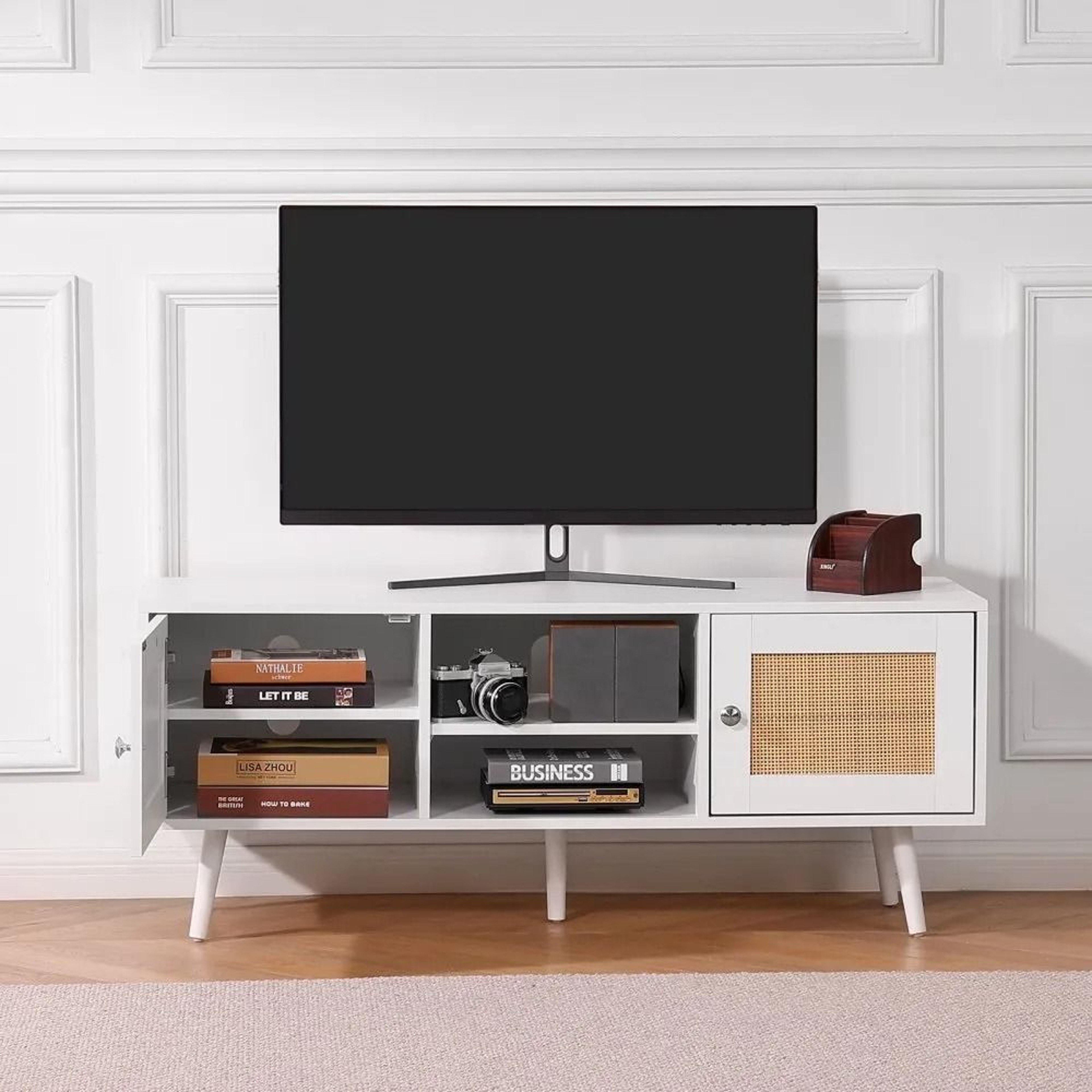 Rattan TV Stand For 55 Inch TV Boho TV Stand With Adjustable Storage And Cable Management 4