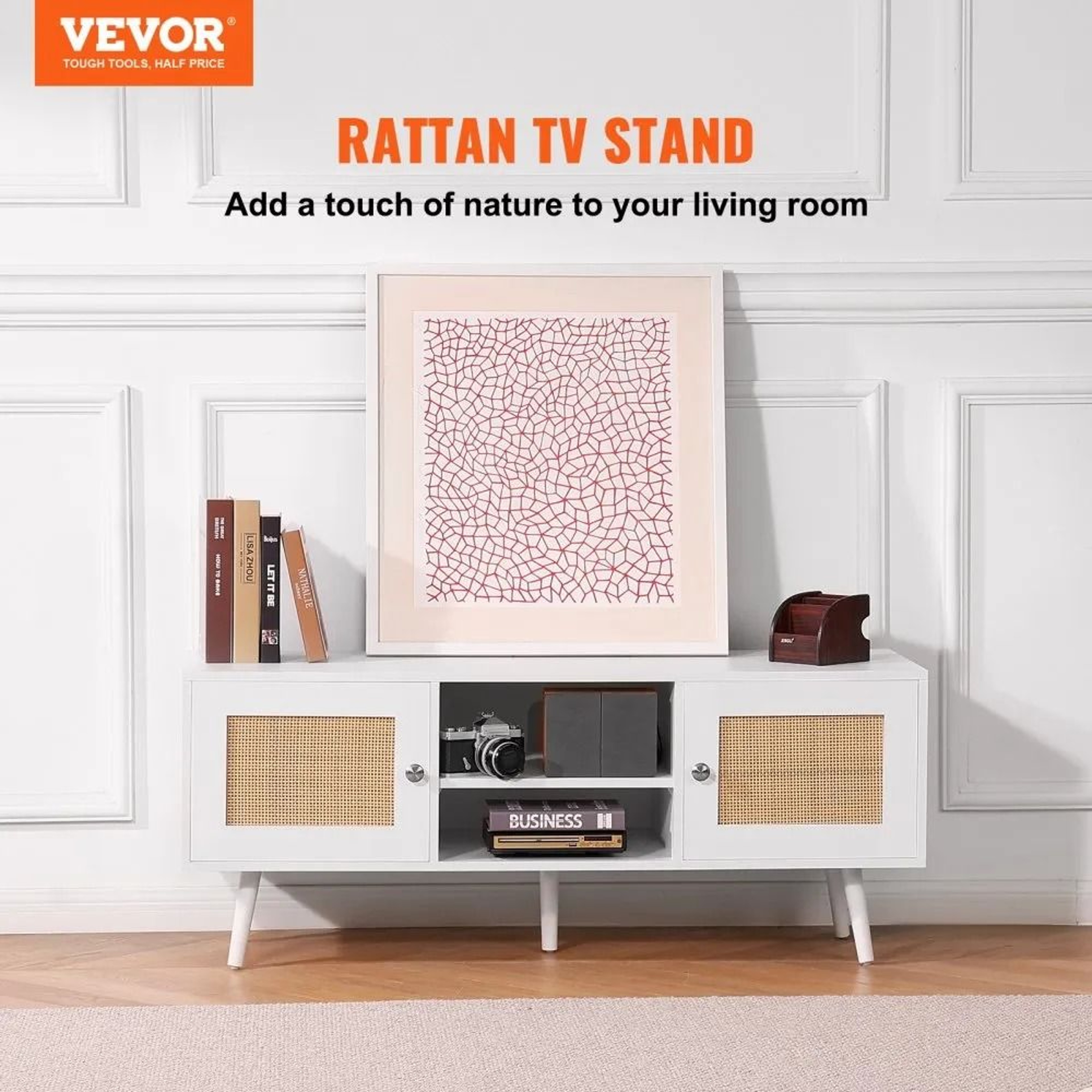 Rattan TV Stand For 55 Inch TV Boho TV Stand With Adjustable Storage And Cable Management 3
