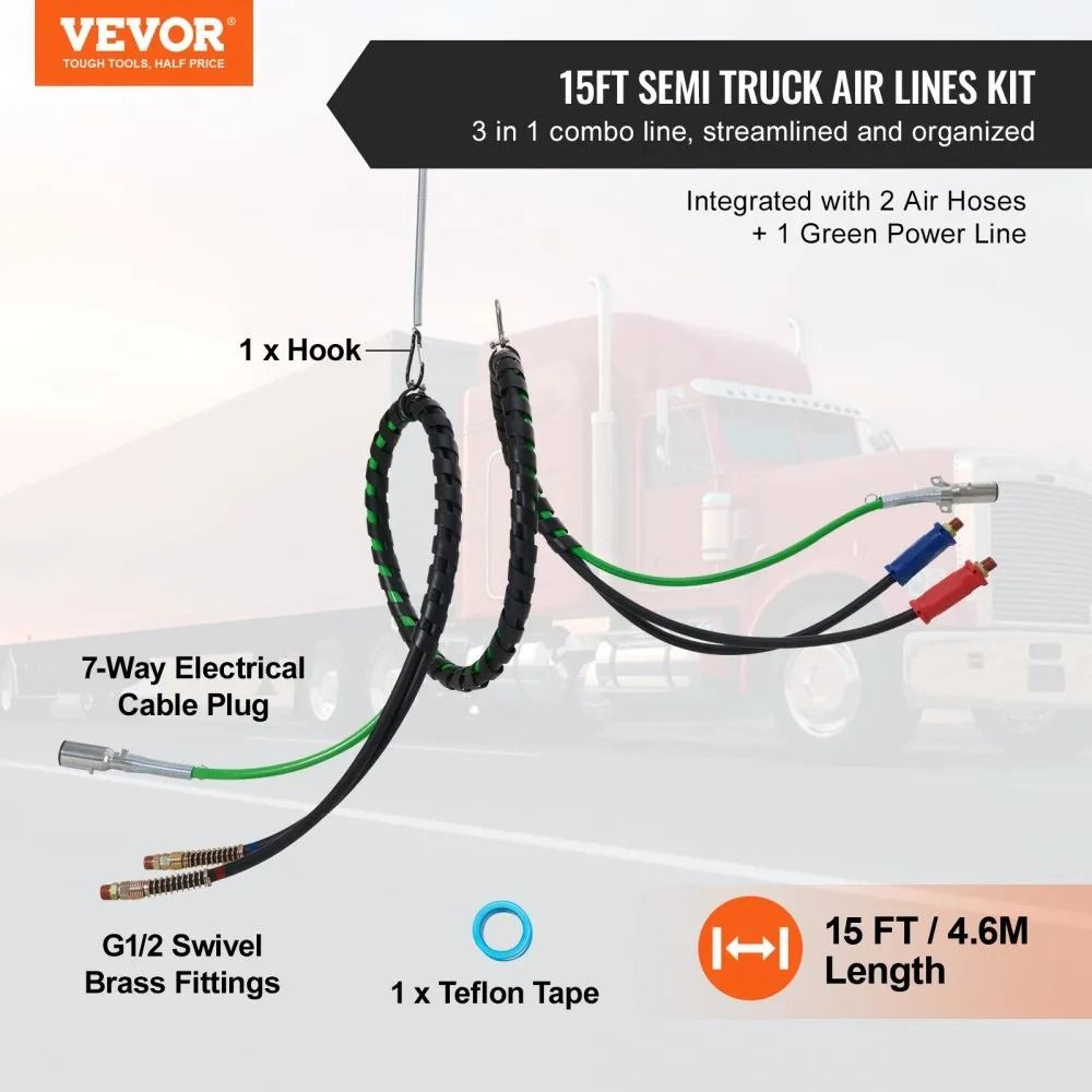 12FT Semi Truck Air Lines Kit With 3 In 1 Air Hoses And SAE J560 ABS Power Line 2