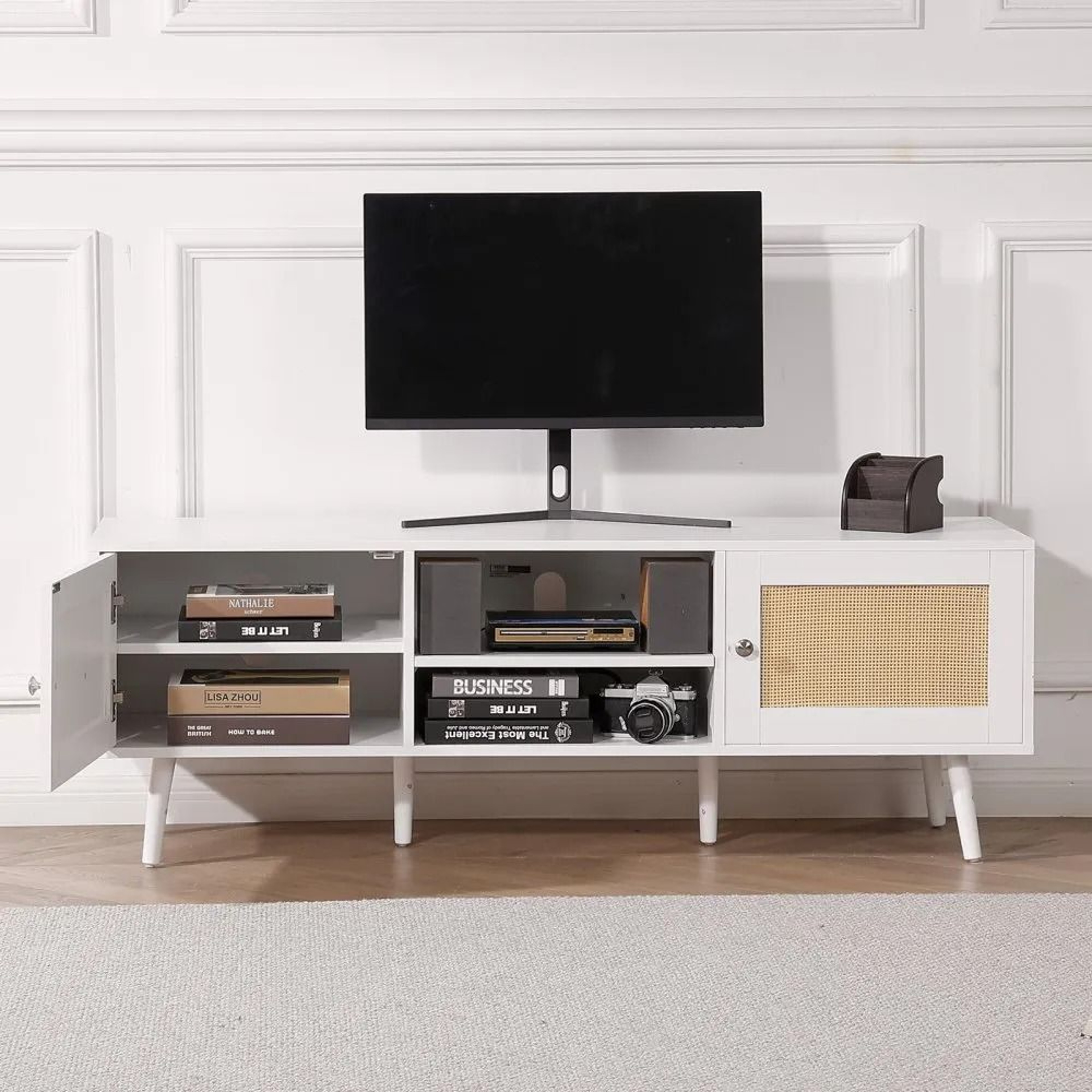 Rattan TV Stand For 65 Inch TV With Storage And Built In Power Outlet 5