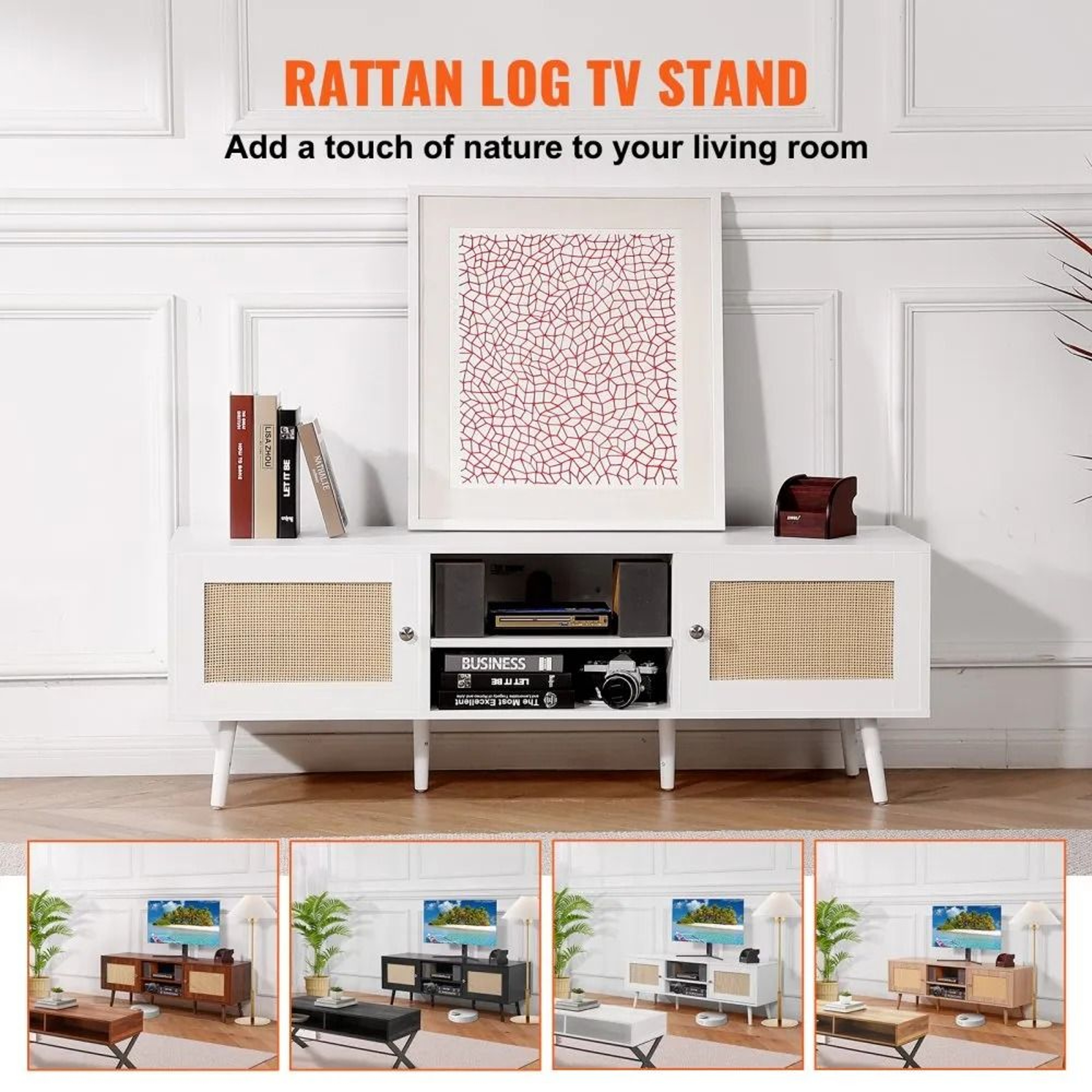Rattan TV Stand For 65 Inch TV With Storage And Built In Power Outlet 3