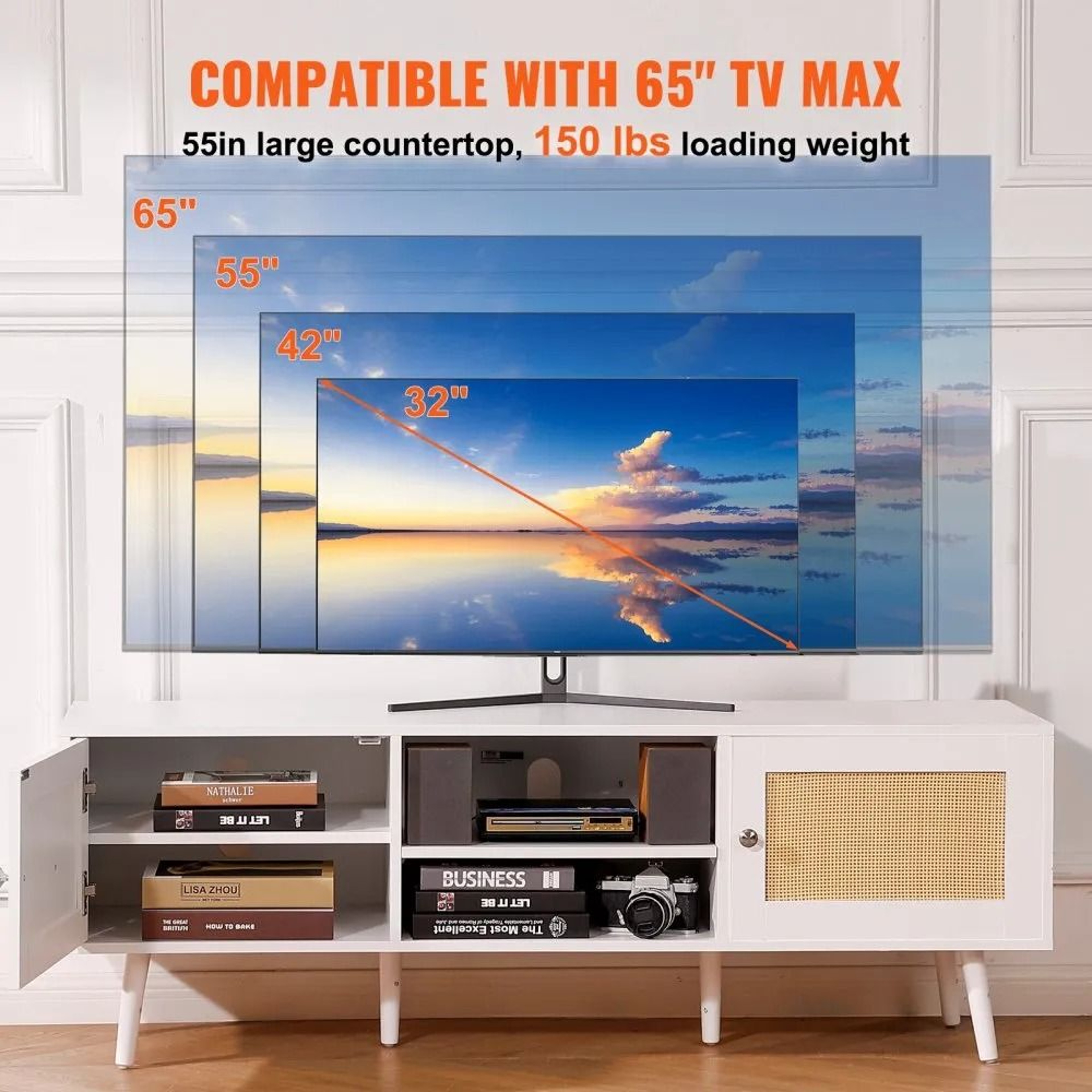 Rattan TV Stand For 65 Inch TV With Storage And Built In Power Outlet 2