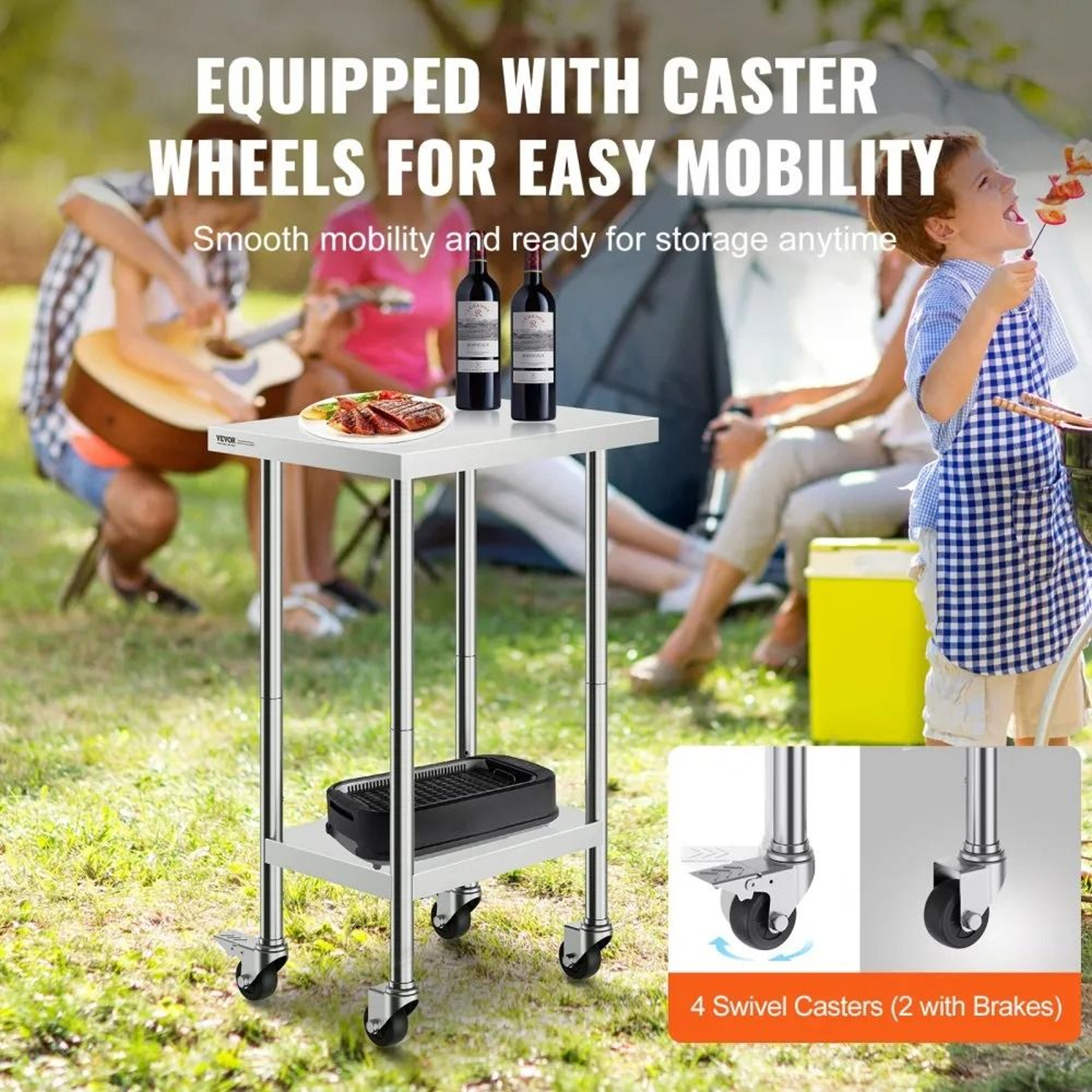 Stainless Steel Work Table With Wheels Adjustable Commercial Kitchen Prep Table 24 X 18 X 38 Inch 2