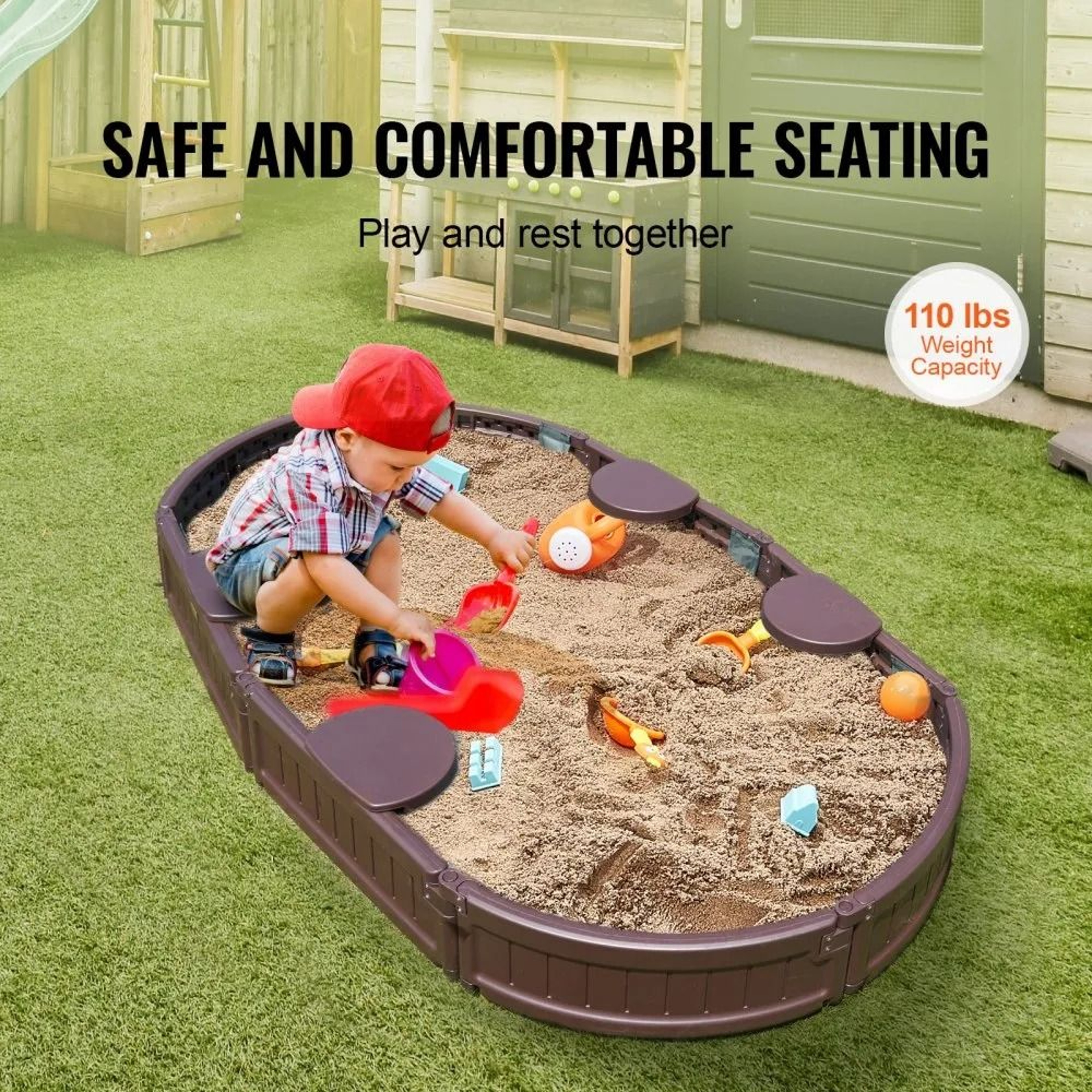 Kids Outdoor Sandbox With Cover And Seats HDPE Backyard Sand Pit With Bottom Liner 5
