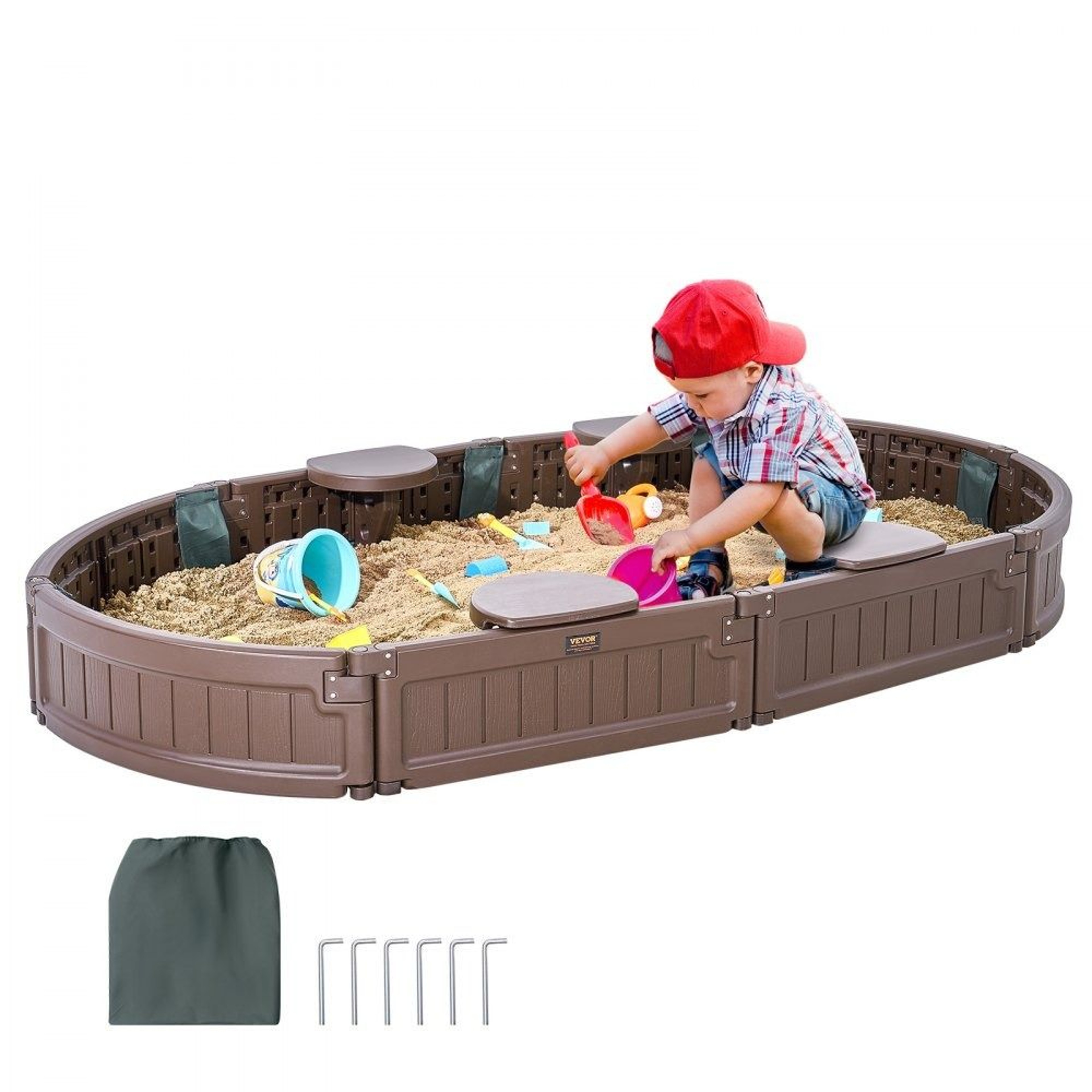 Kids Outdoor Sandbox With Cover And Seats HDPE Backyard Sand Pit With Bottom Liner 0