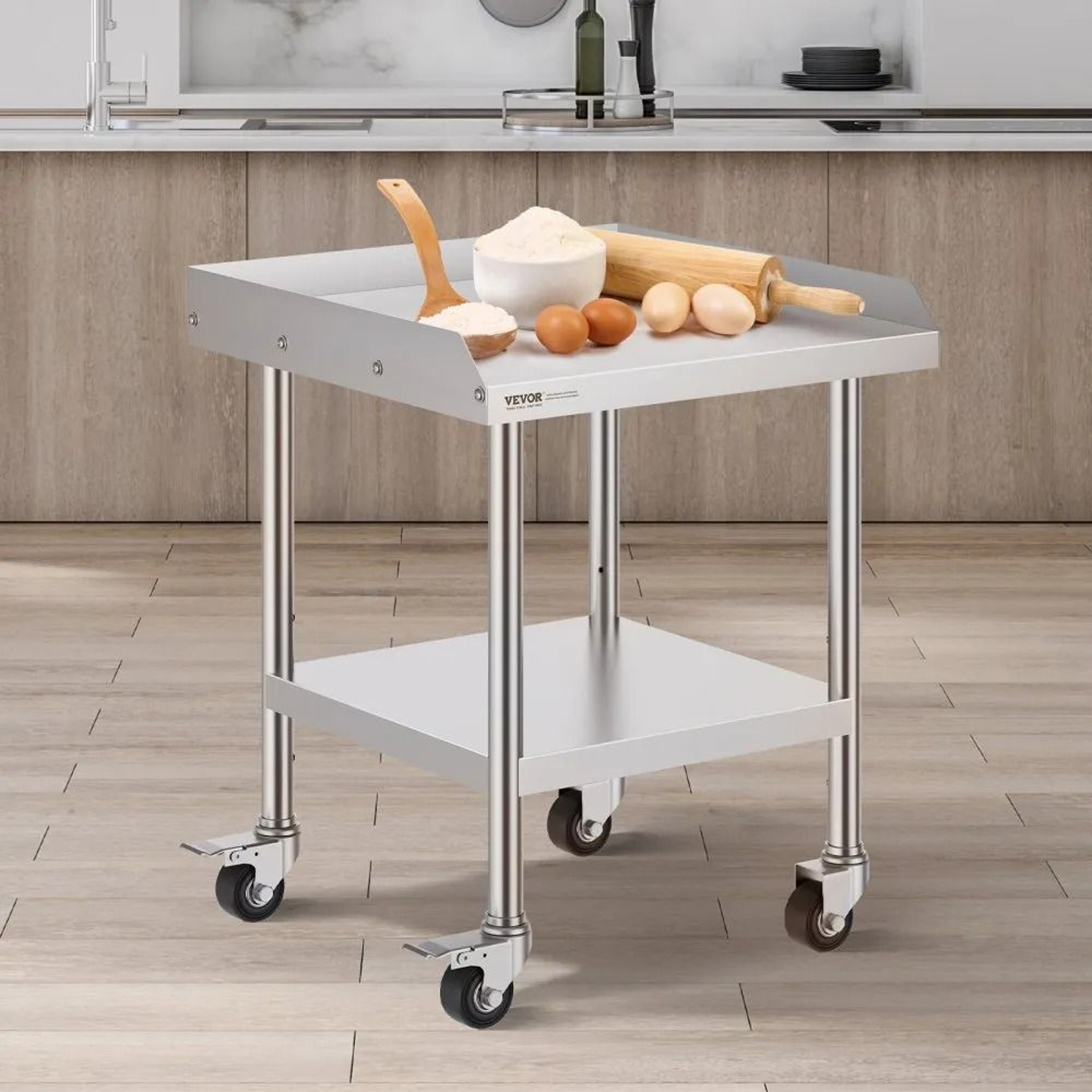 Stainless Steel Commercial Prep Table With Wheels And Adjustable Shelf 3