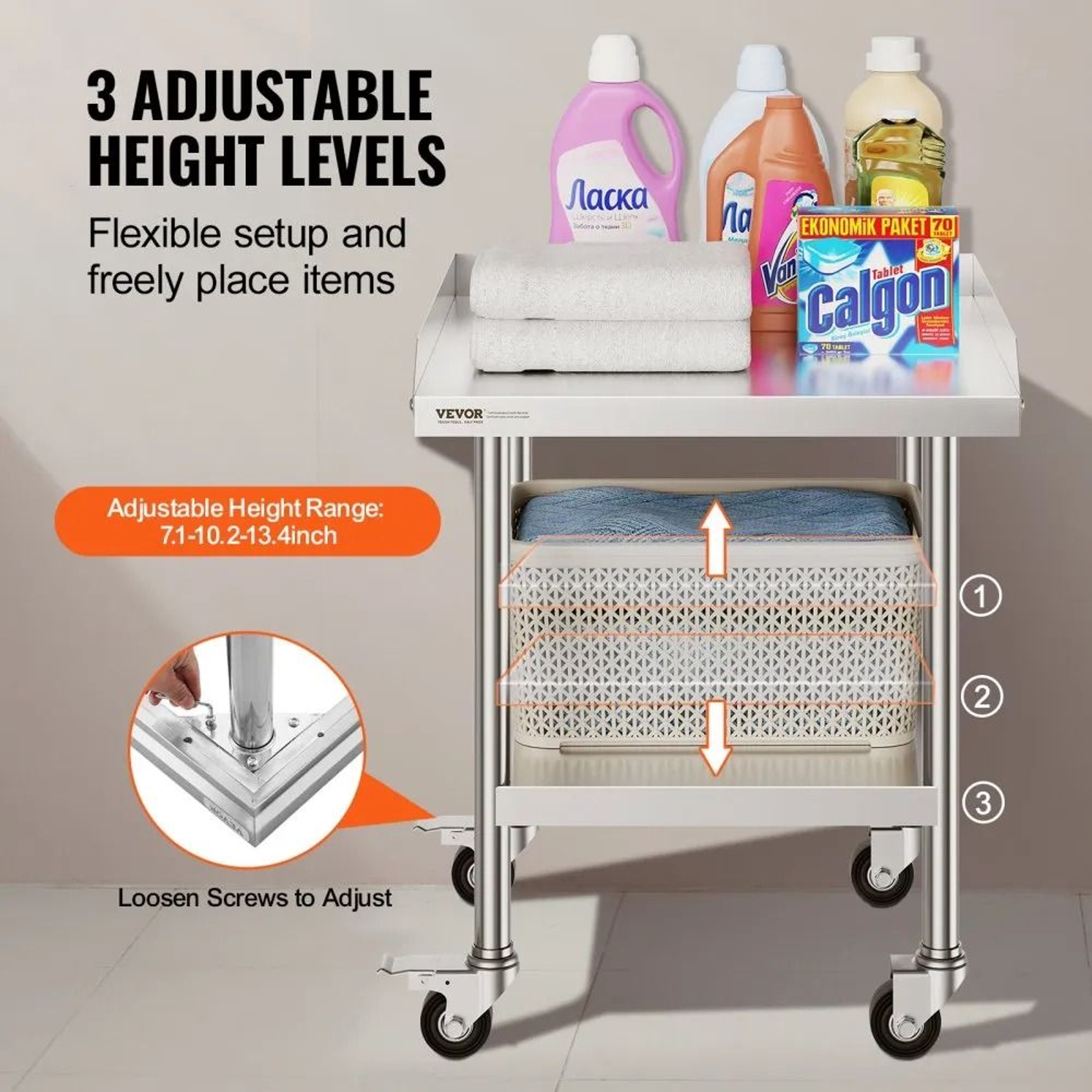 Stainless Steel Commercial Prep Table With Wheels And Adjustable Shelf 6