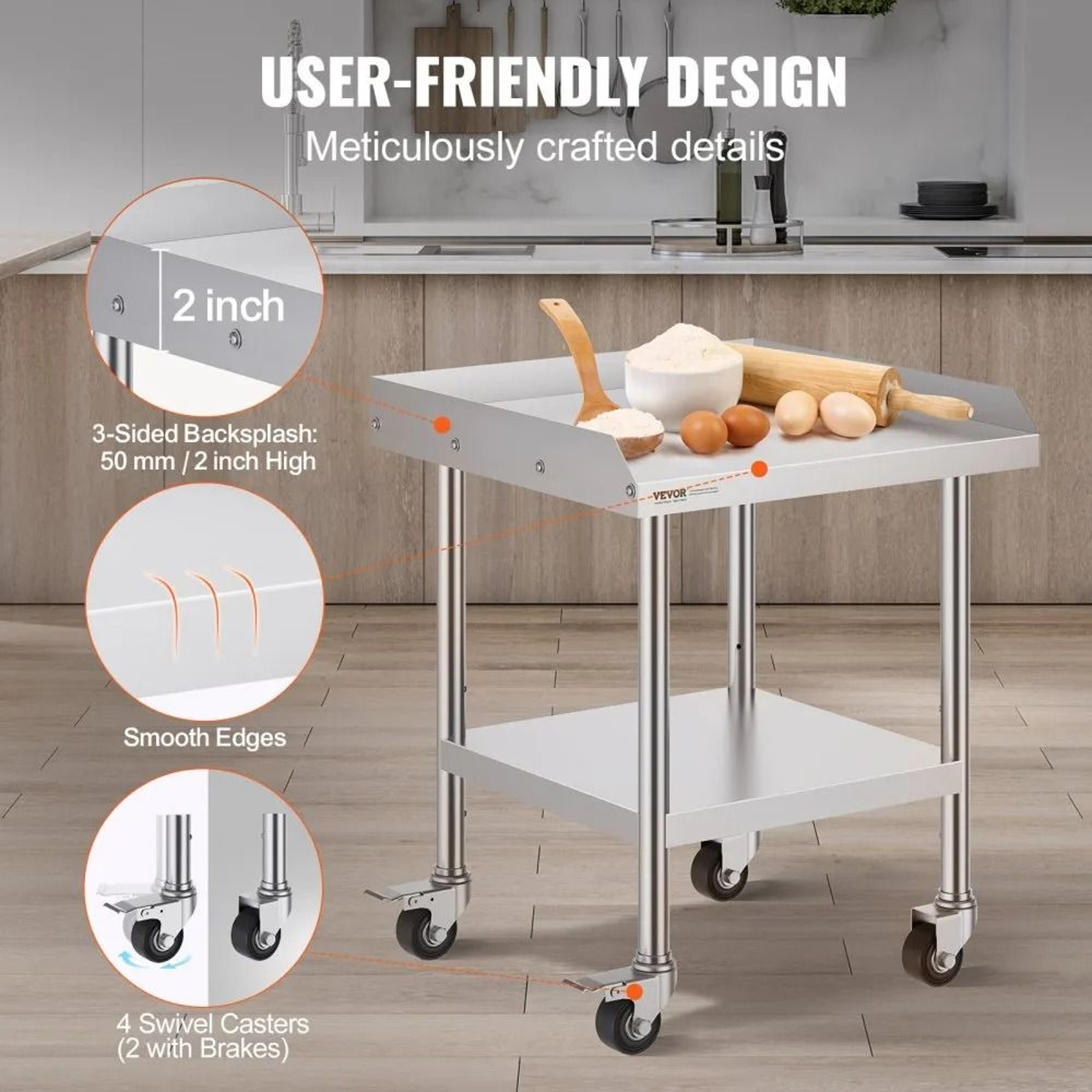 Stainless Steel Commercial Prep Table With Wheels And Adjustable Shelf 1