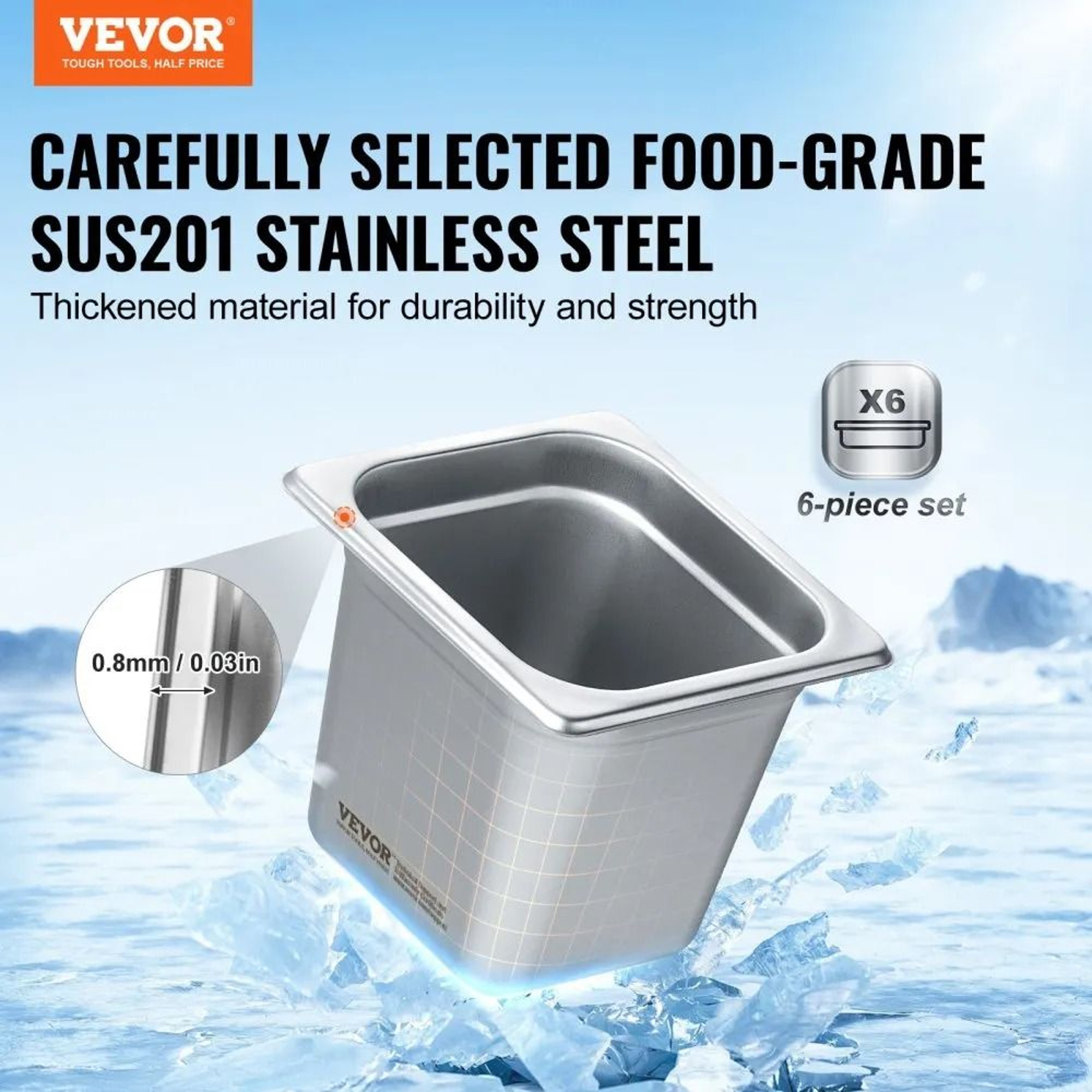 6 Pack Stainless Steel Hotel Pans 16 Size Anti Jam Steam Table Pans 6 Inch Deep 1