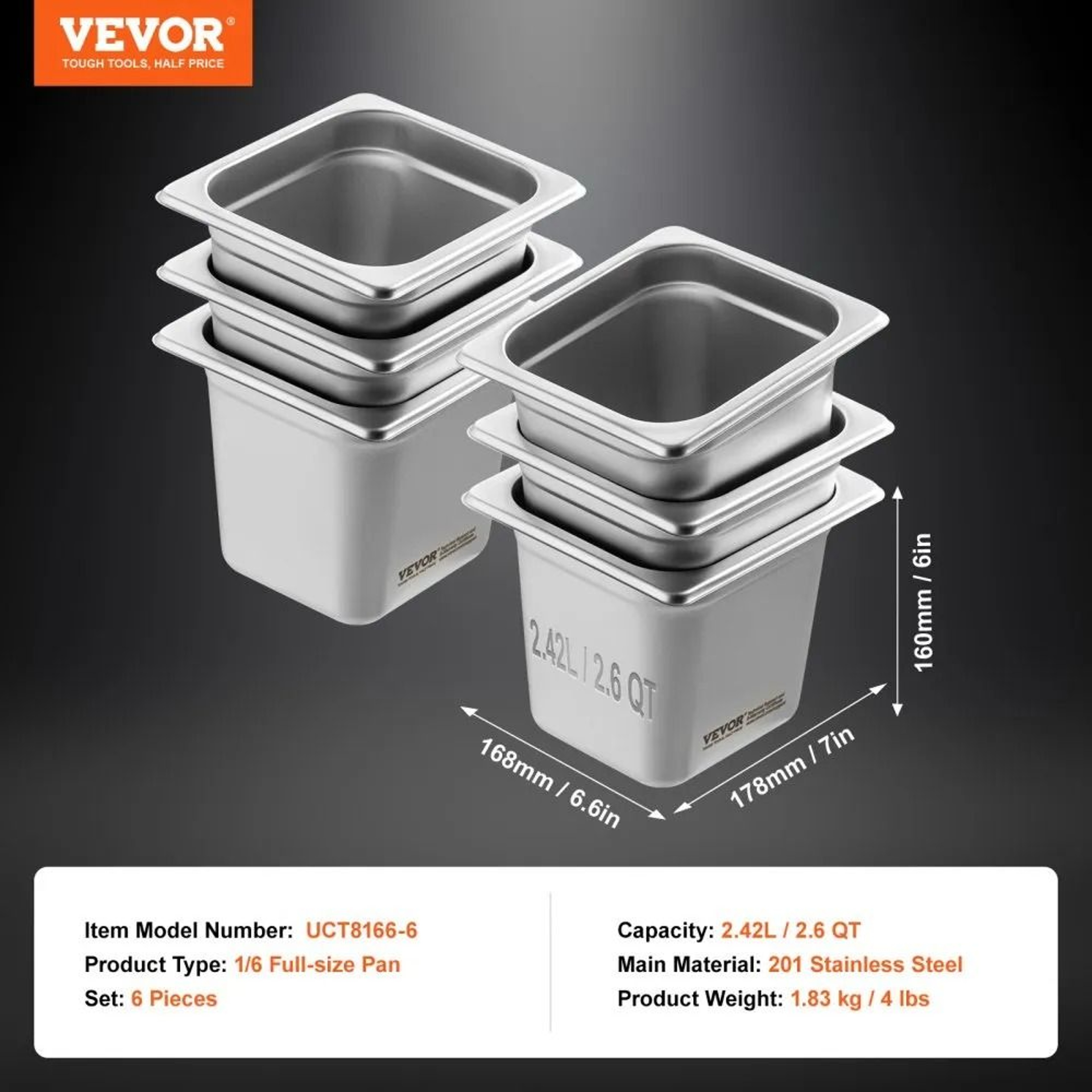 6 Pack Stainless Steel Hotel Pans 16 Size Anti Jam Steam Table Pans 6 Inch Deep 6