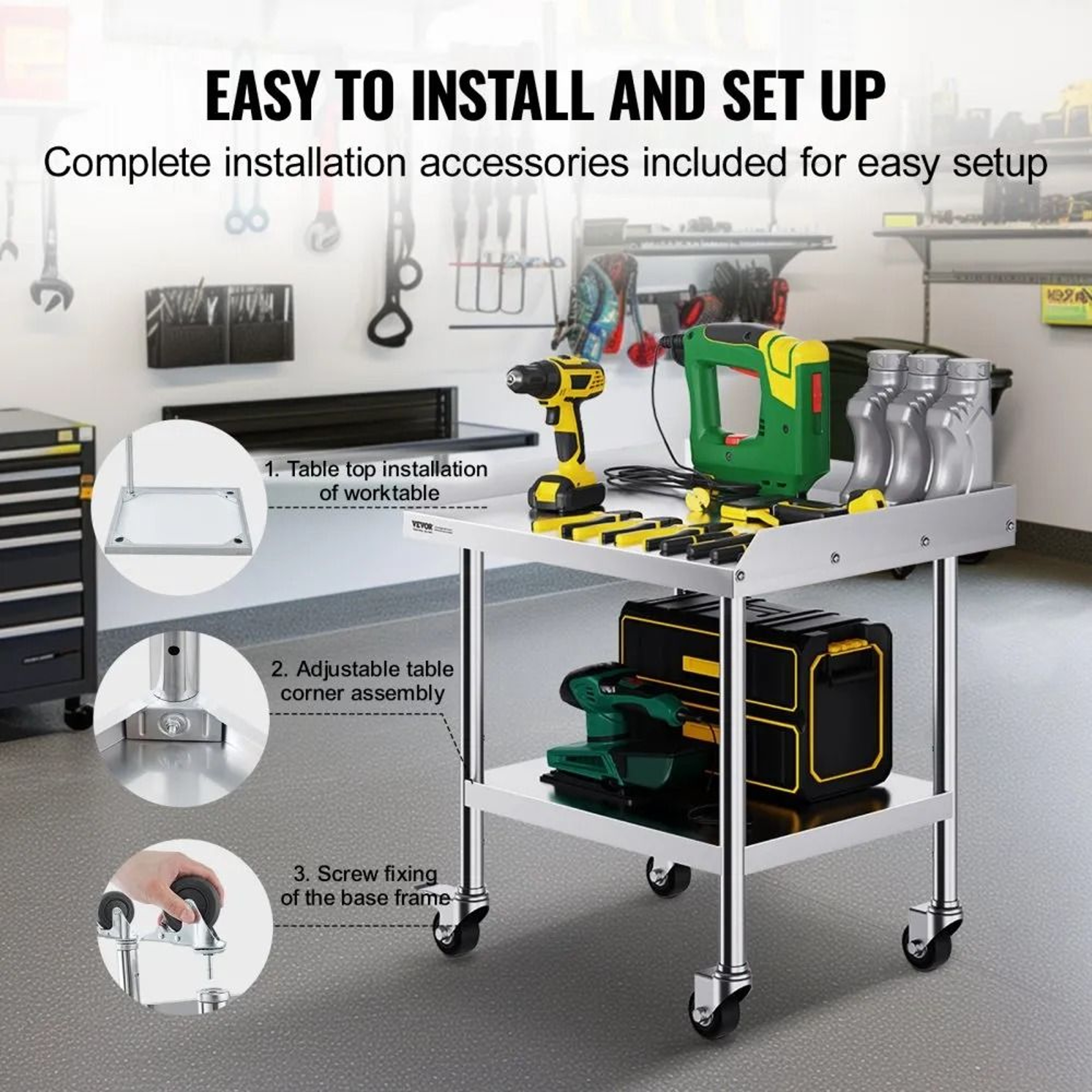 Stainless Steel Work Table With Wheels Adjustable Shelf And 3 Sided Backsplash 2