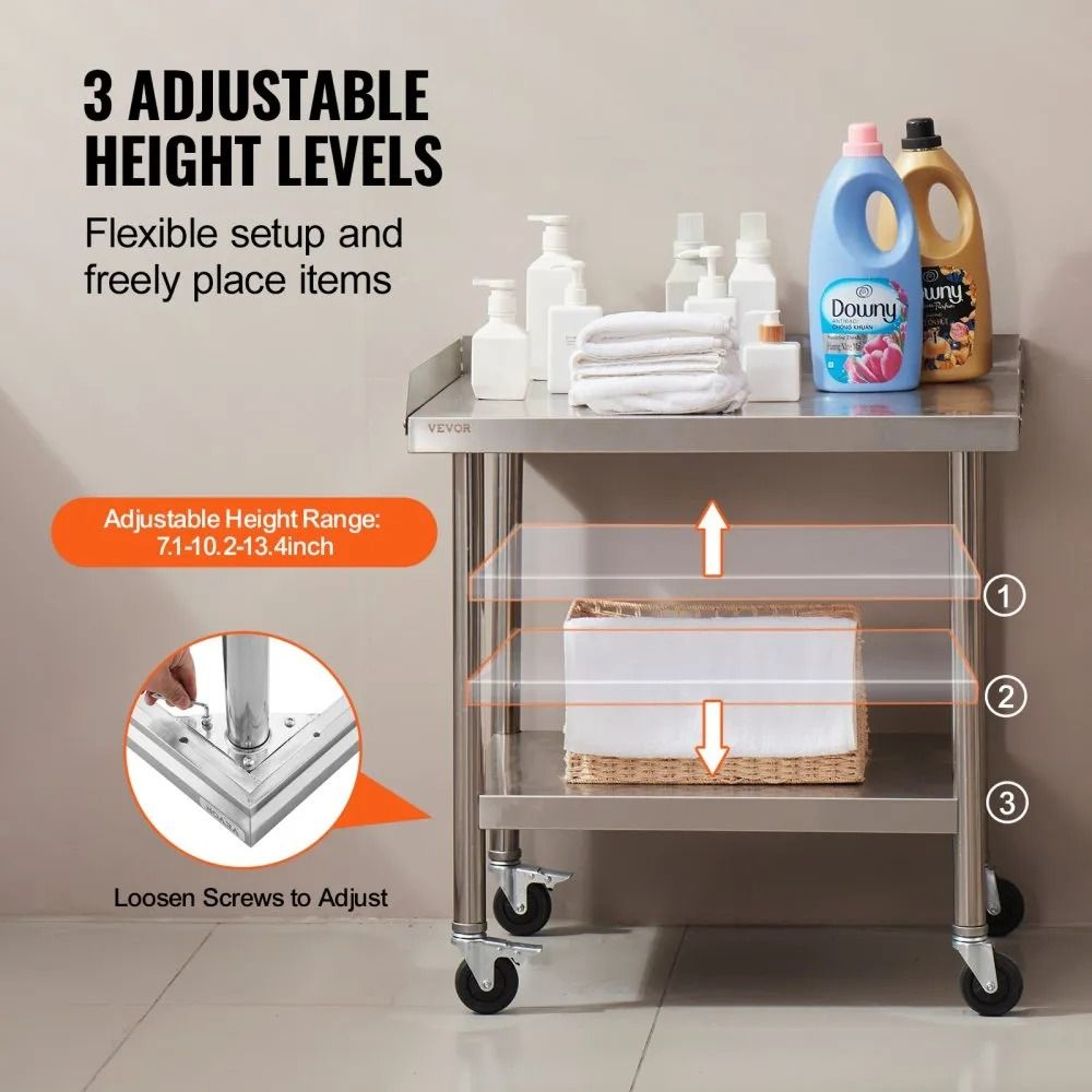 Stainless Steel Work Table With Wheels Adjustable Shelf And 3 Sided Backsplash 3