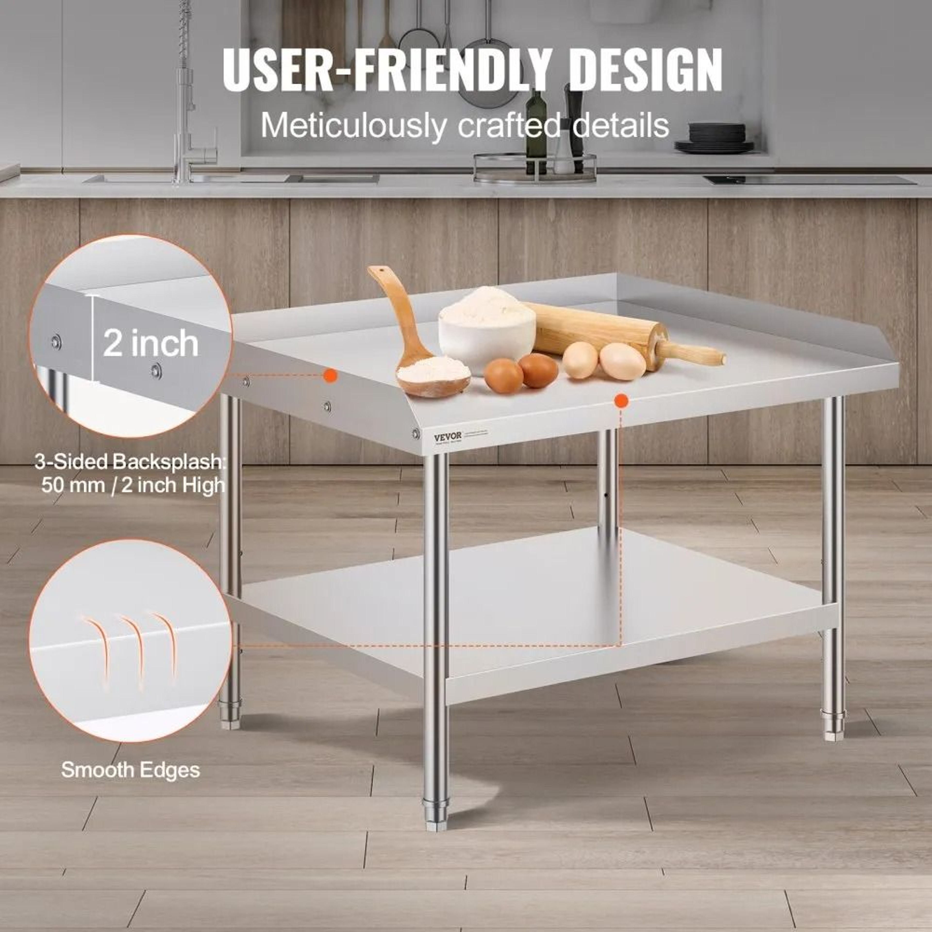 Heavy Duty Stainless Steel Work Table With Adjustable Shelf And 3 Sided Backsplash 1