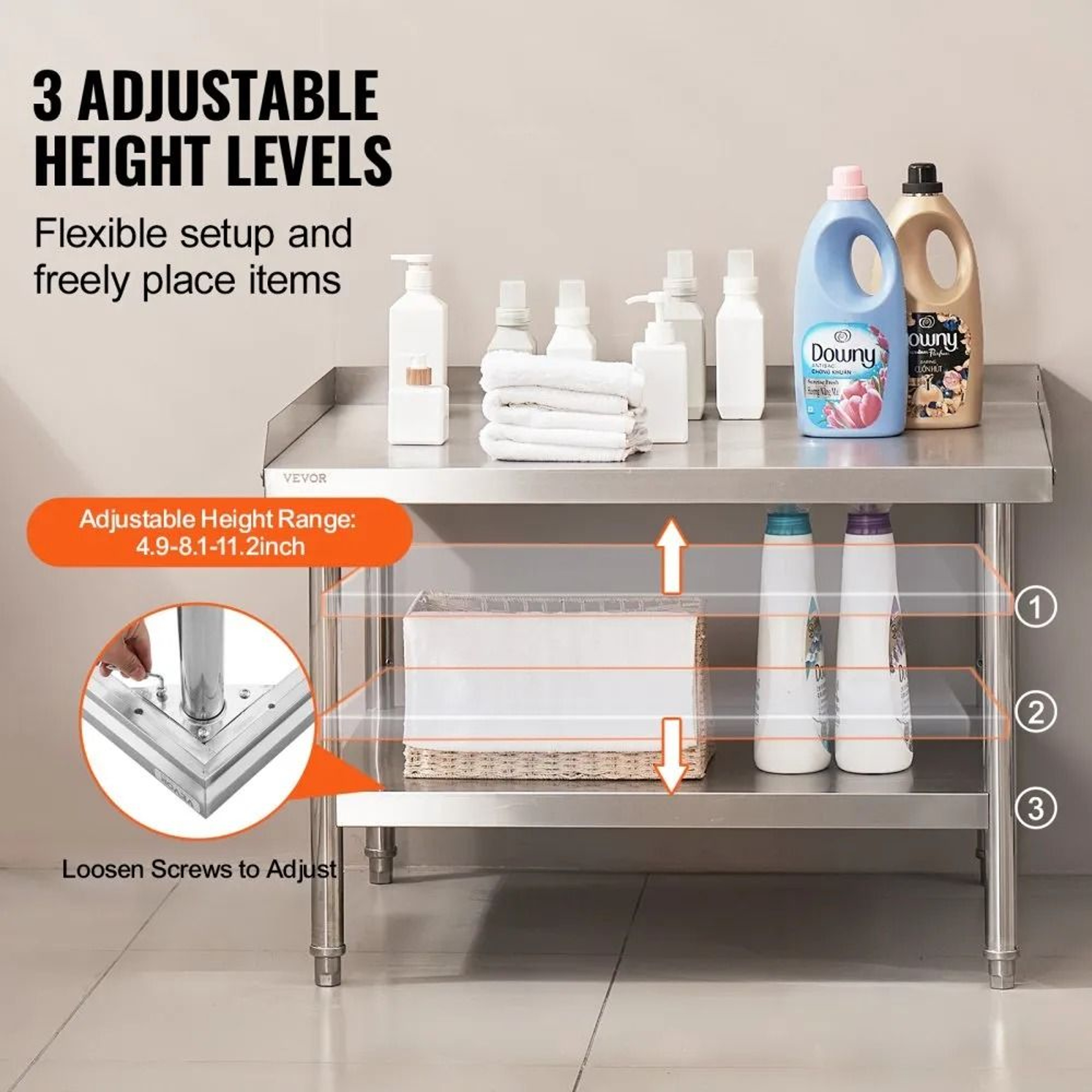 Heavy Duty Stainless Steel Work Table With Adjustable Shelf And 3 Sided Backsplash 3