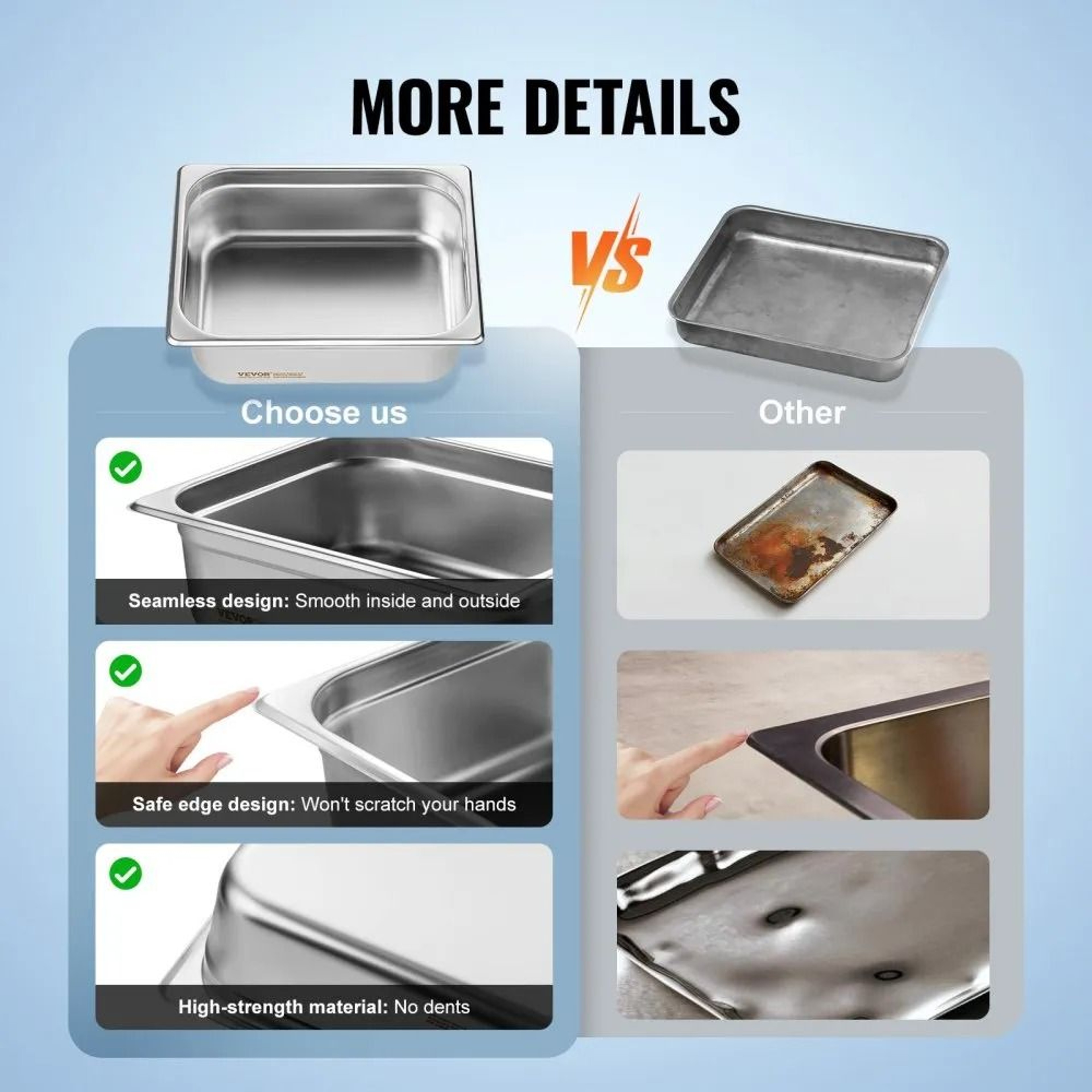 Half Size Hotel Pans With Lids Anti Jam Stainless Steel Steam Table Pans 8 Pack 3
