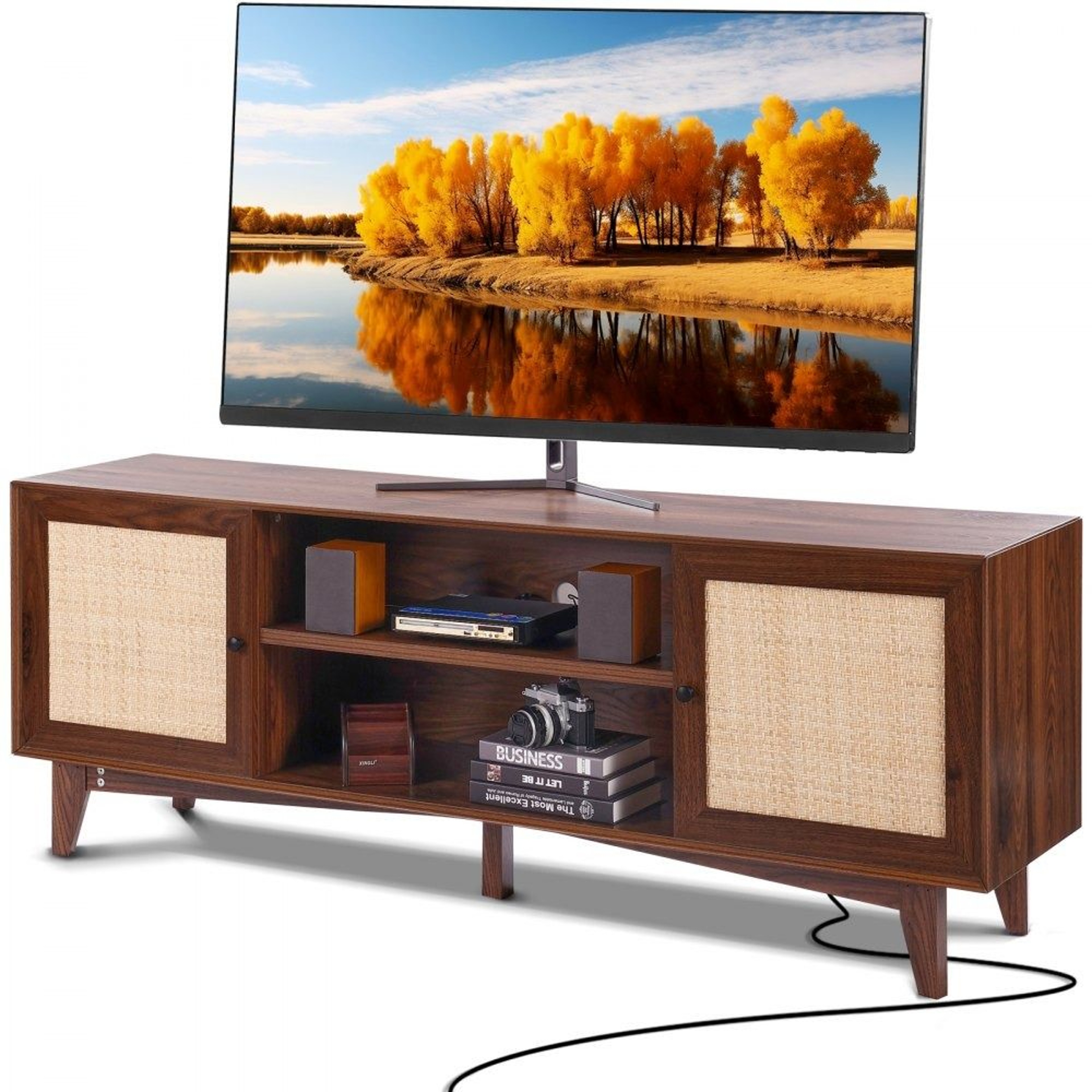 Rattan TV Stand For 75 Inch TV With Storage And Built In Power Outlet 0
