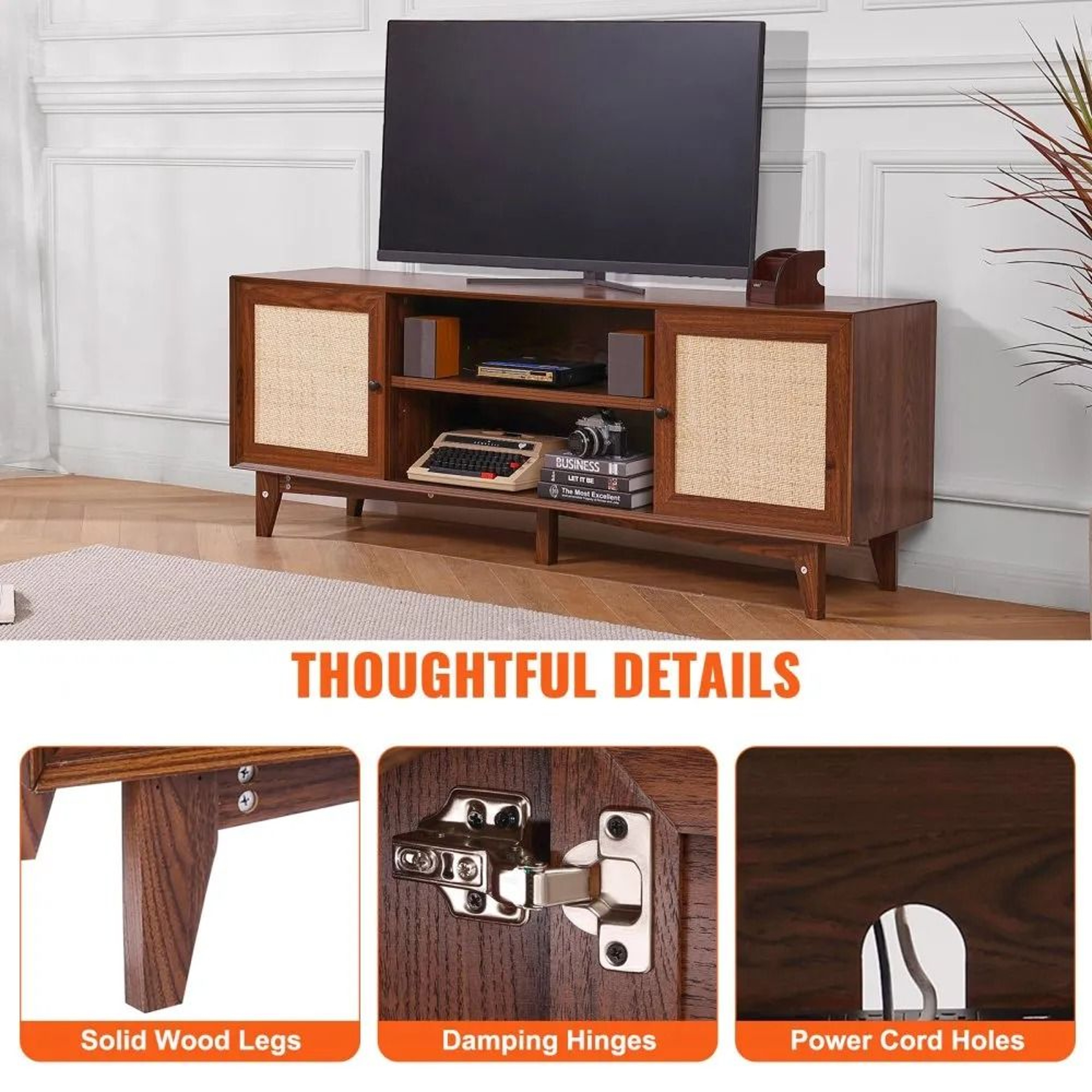 Rattan TV Stand For 75 Inch TV With Storage And Built In Power Outlet 5