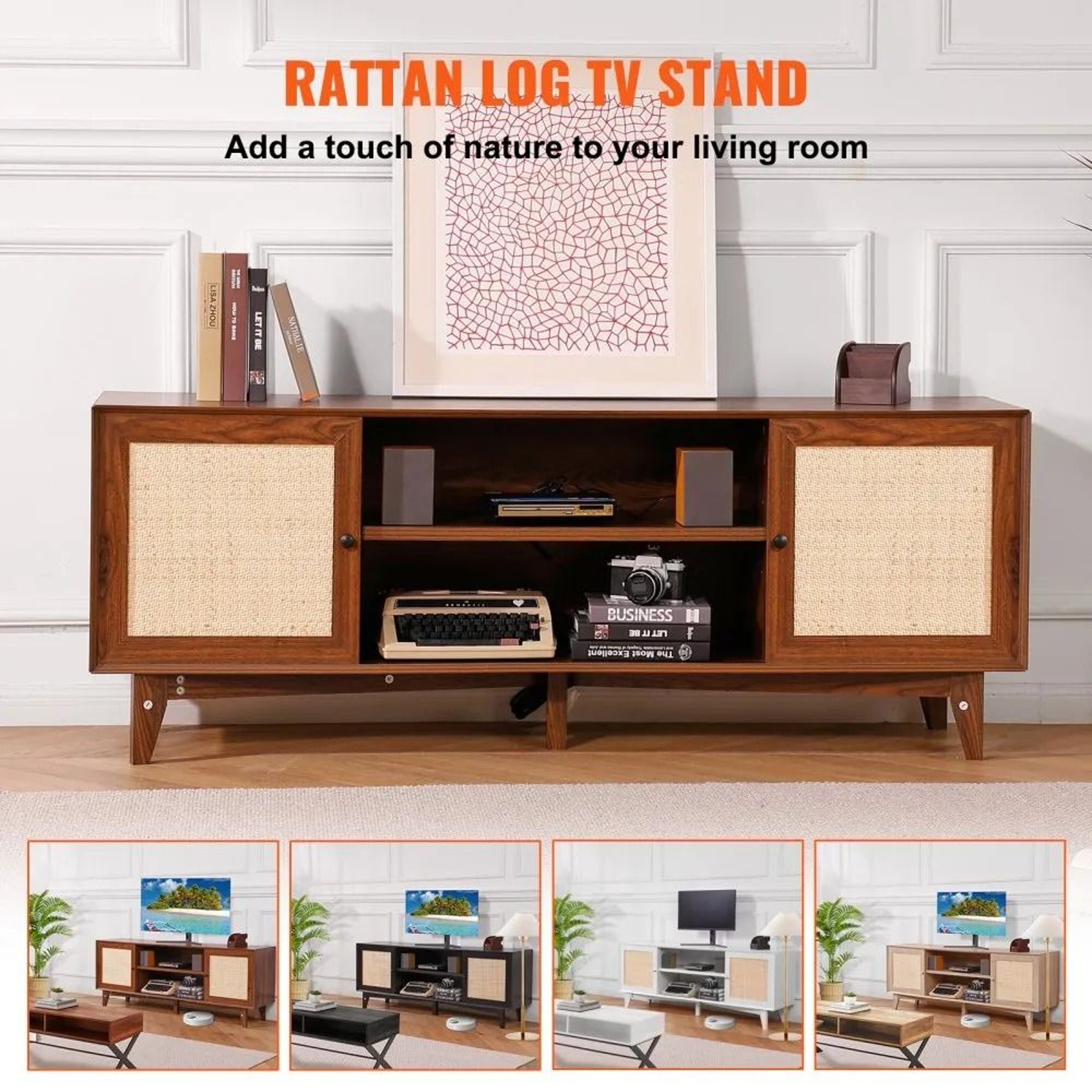 Rattan TV Stand For 75 Inch TV With Storage And Built In Power Outlet 3