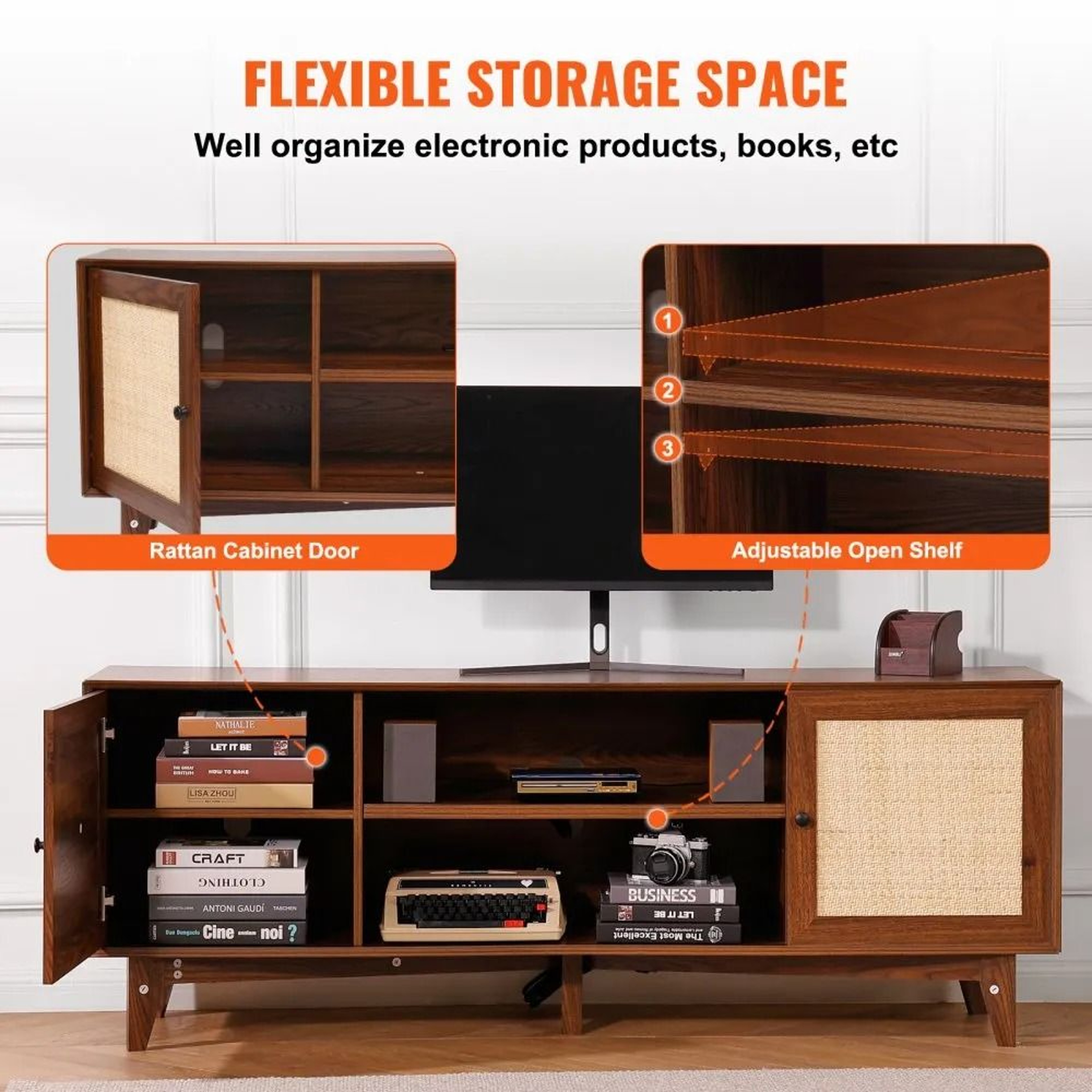 Rattan TV Stand For 75 Inch TV With Storage And Built In Power Outlet 1